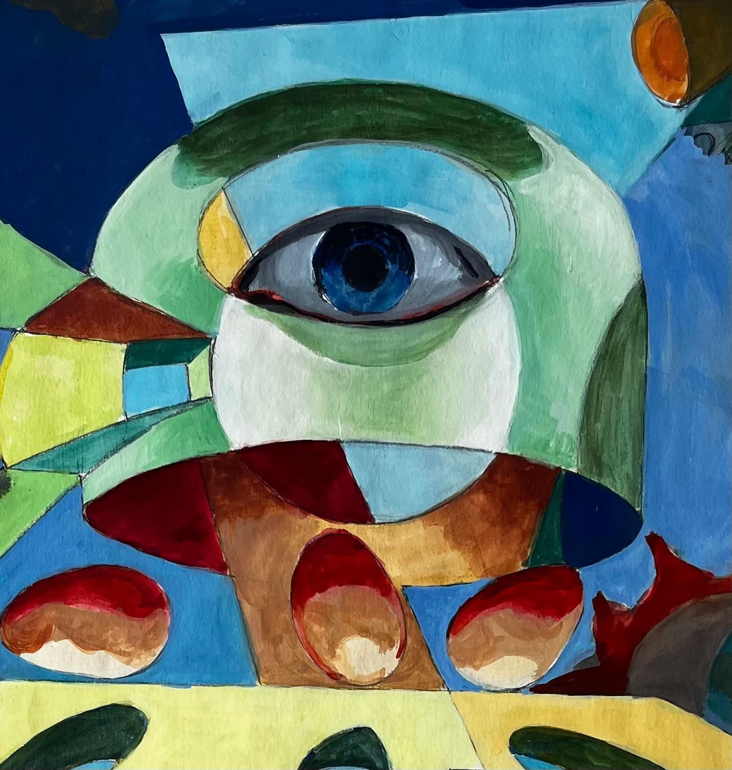 Guy Nicod Surreal Abstract Composition With Central Eye And Geometric Forms French Gouache photo buy