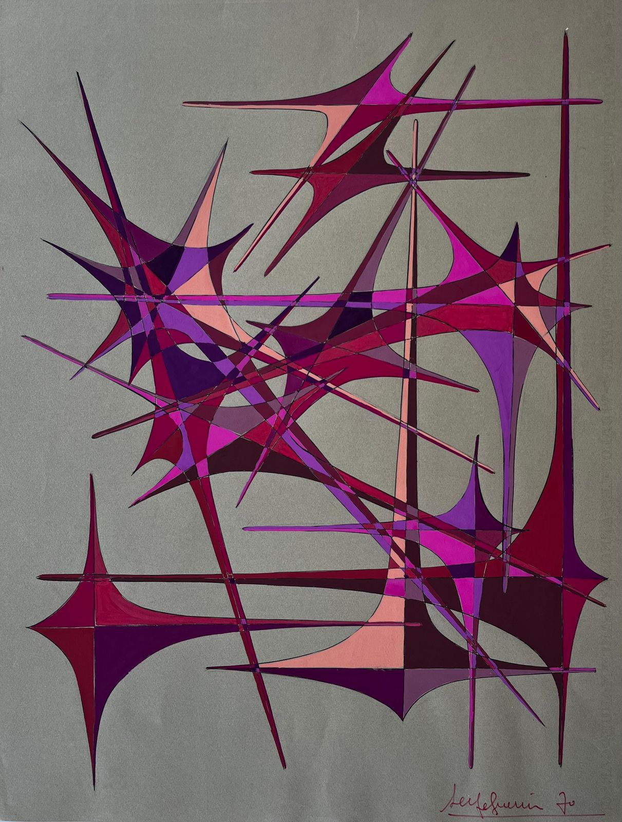 Serge Guerin (1916)mid Century French Geometric Abstract In Red And Violet Gouache On Paper