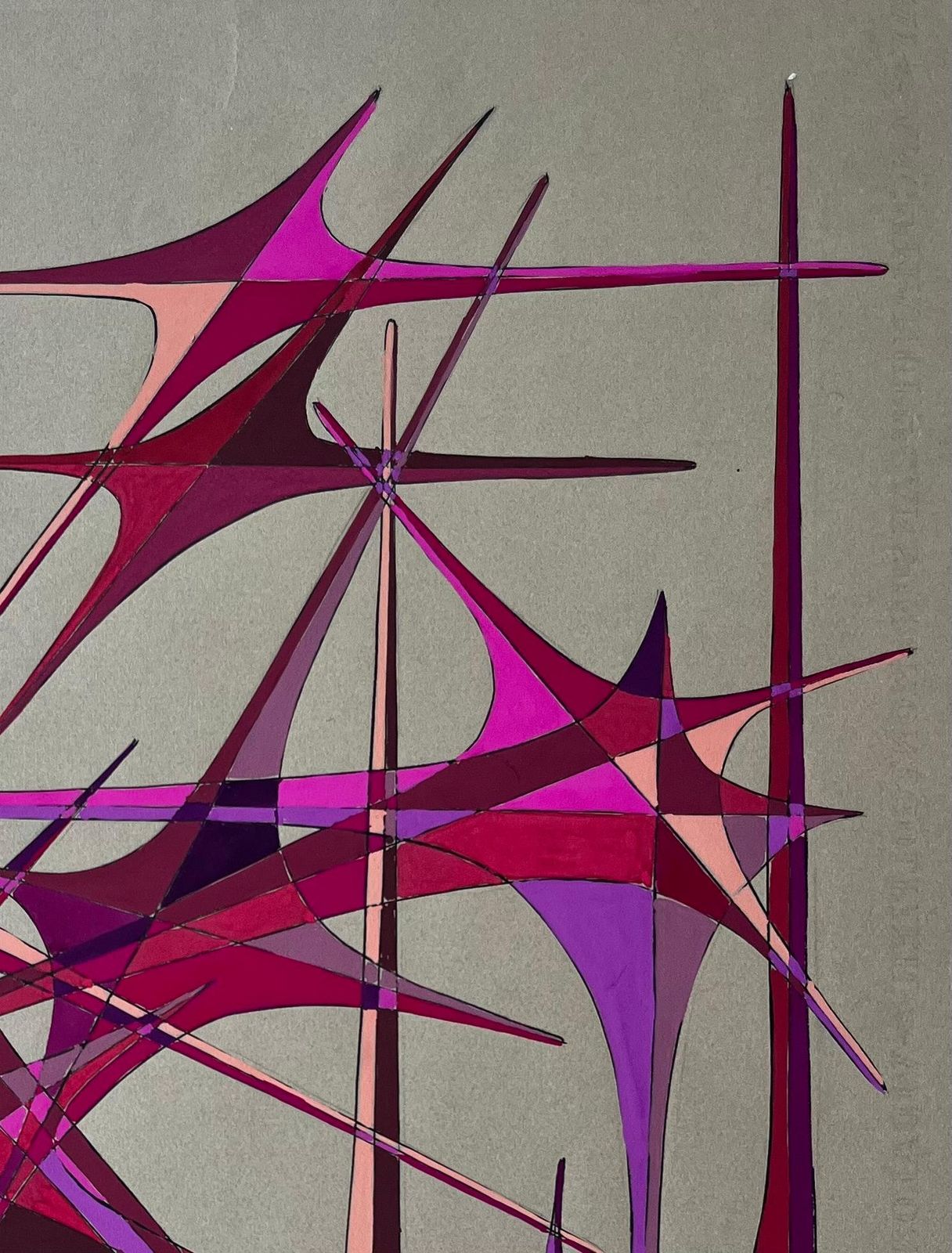 Serge Guerin (1916)mid Century French Geometric Abstract In Red And Violet Gouache On Paper photo Art