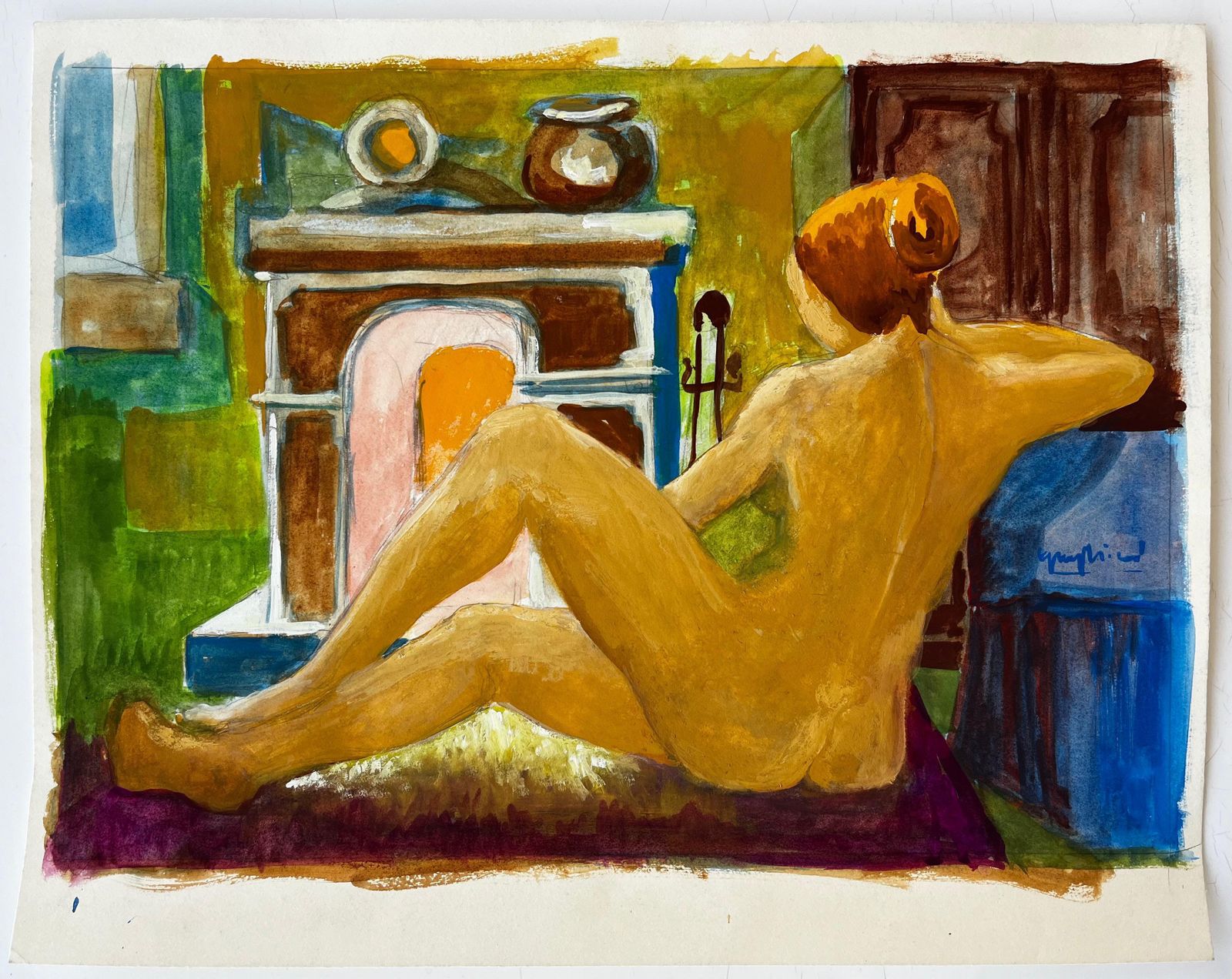 Nude Before The Fireplace French Modernist Gouache By Guy Nicod photo furniture