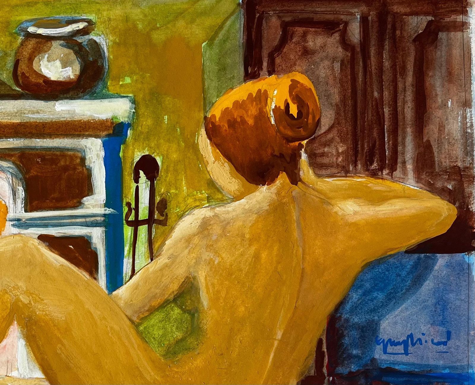 Nude Before The Fireplace French Modernist Gouache By Guy Nicod photo for sale