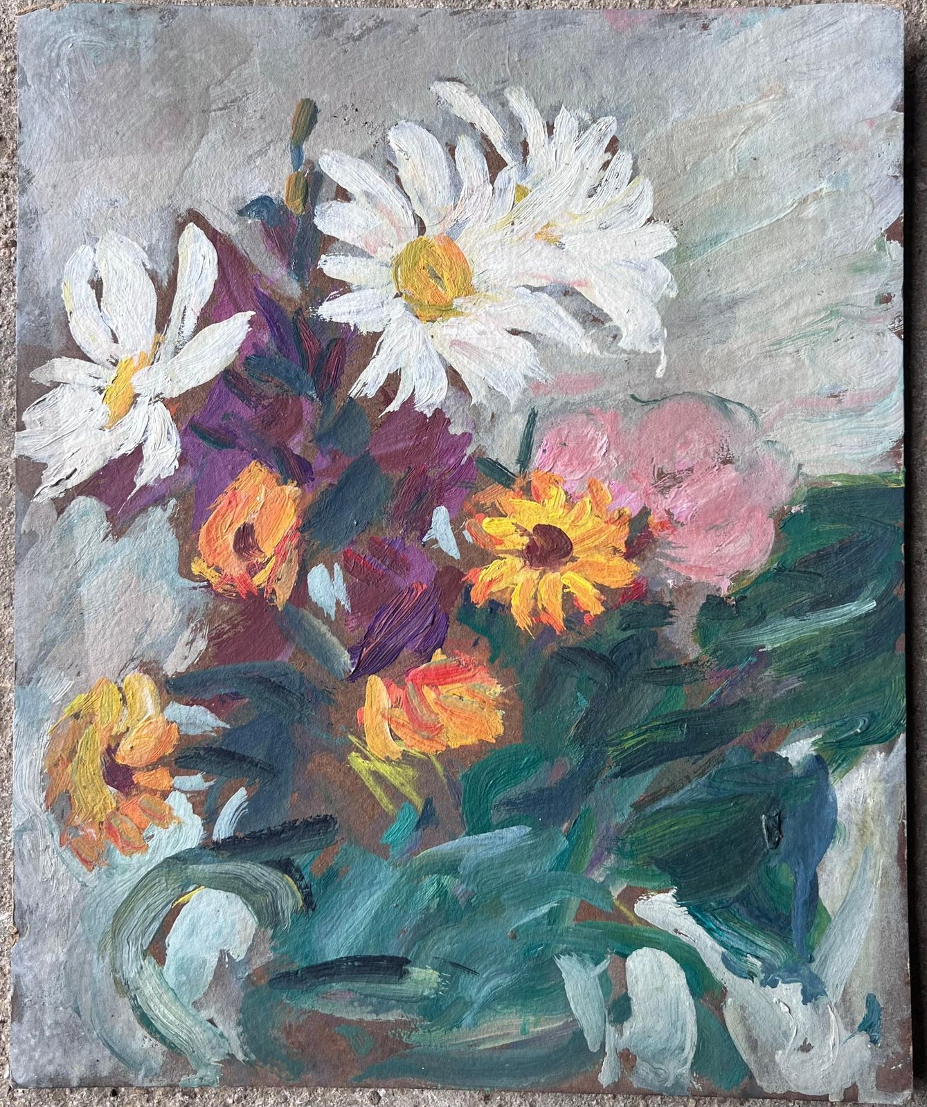 Suzanne Dinkesmid Century French Impressionist Oil Painting Still Life Garden Wild Flowers1950's photo furniture