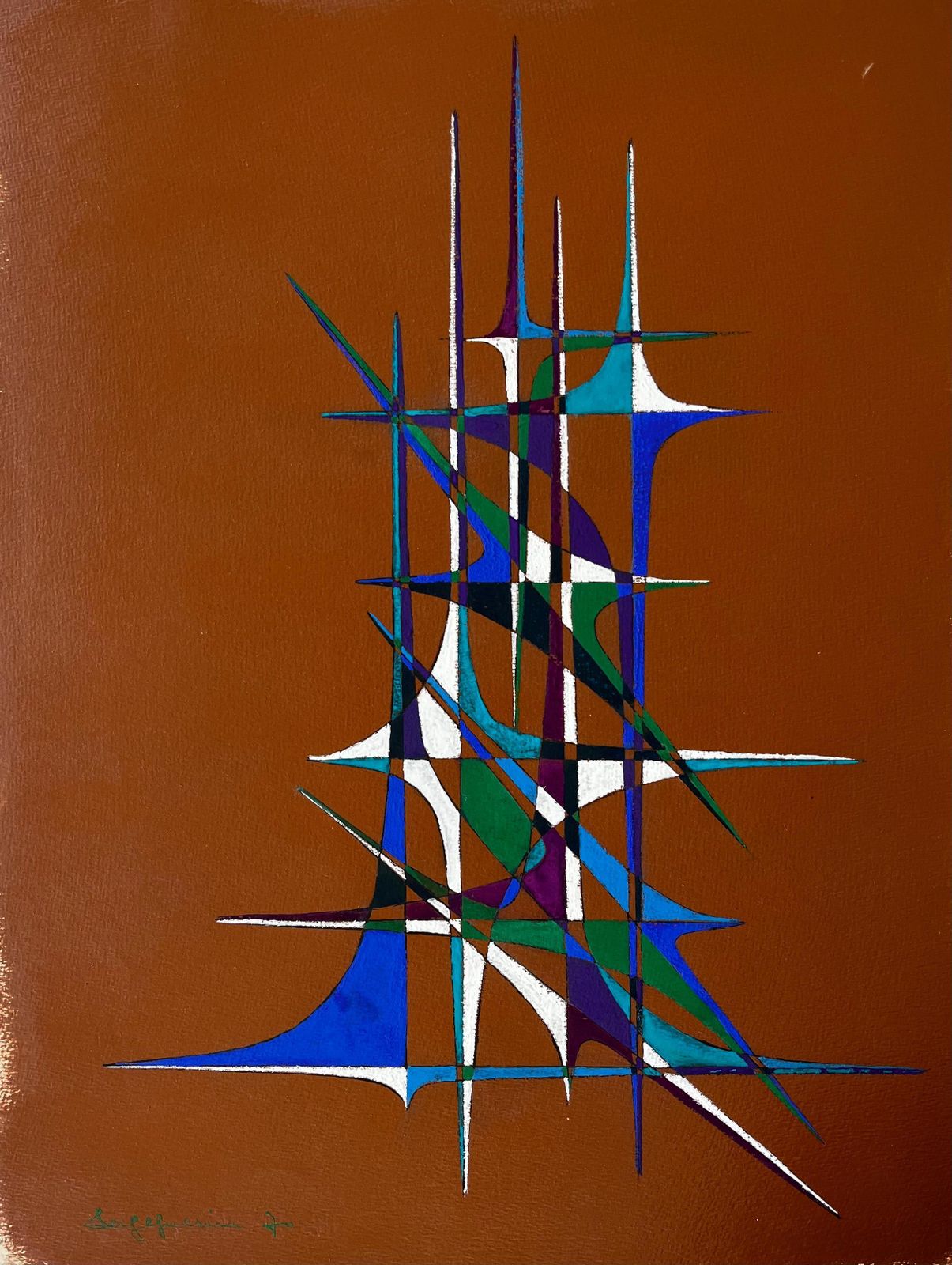 Serge Guerin (1916)mid Century French Geometric Abstract In Blue Green Purple And White