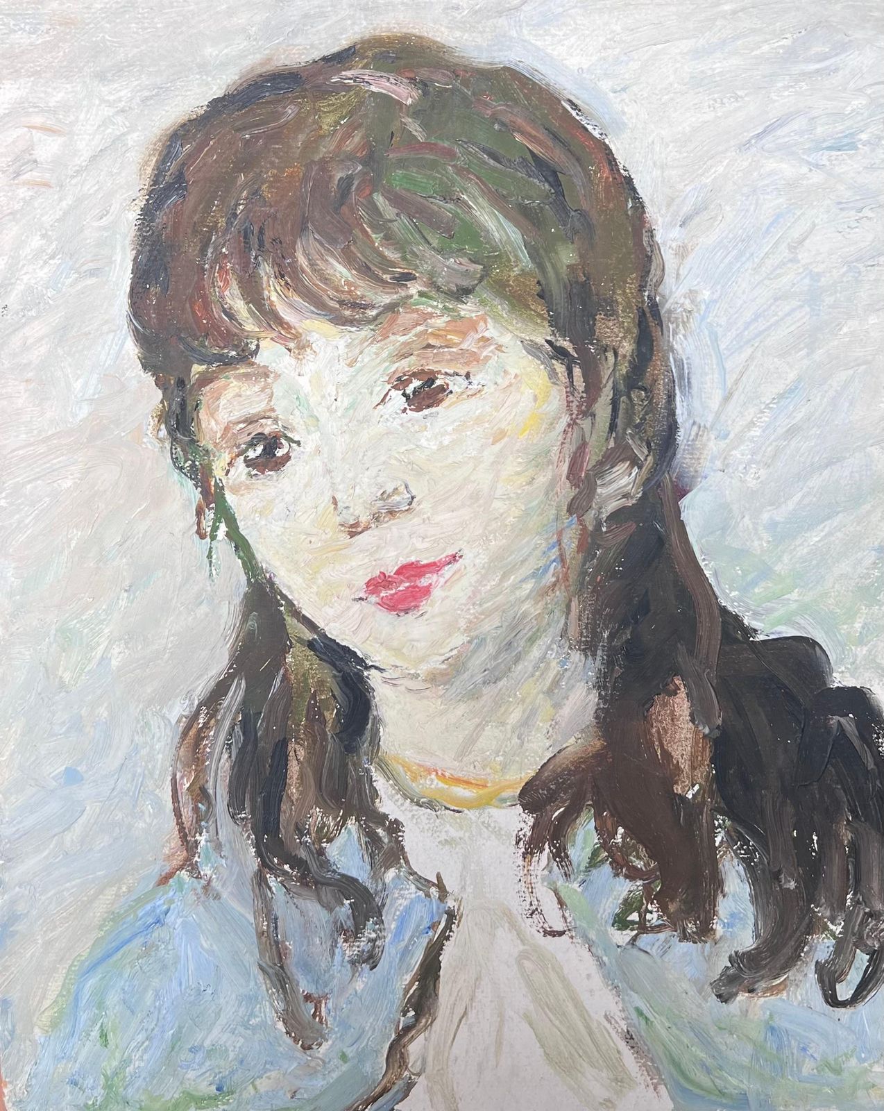 Suzanne Dinkesmid Century French Impressionist Oil Vintage Portrait Of Young Woman In Blue1950's