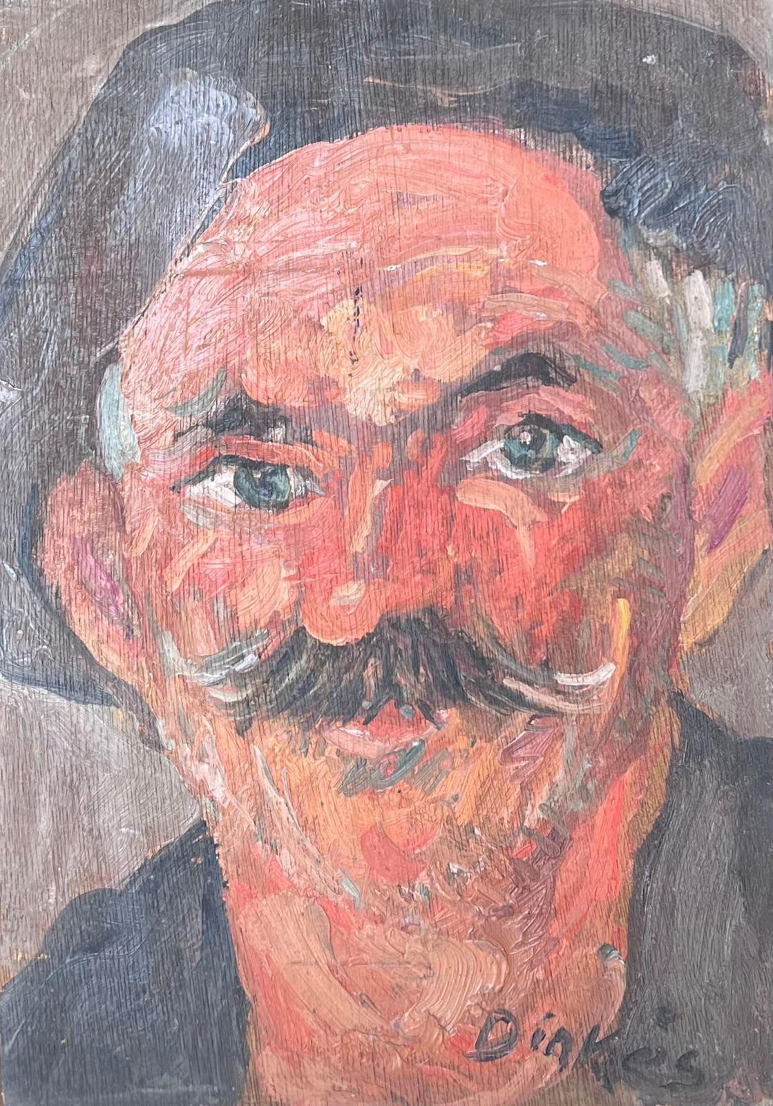 Suzanne Dinkesmid Century French Impressionist Signed Oil Man In Beret With Moustache Portrait1950's