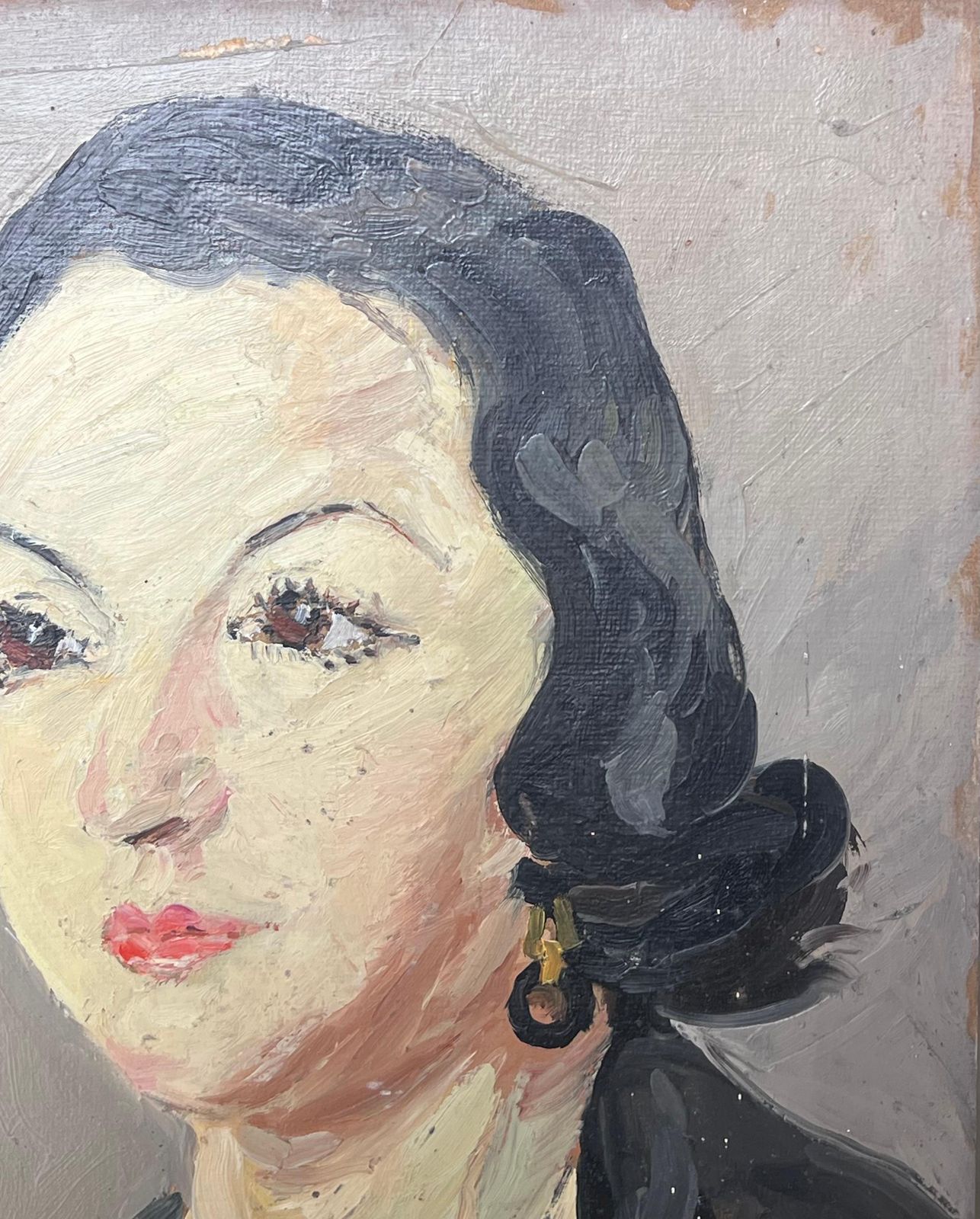 Suzanne Dinkesmid Century French Impressionist Oil Portrait Of Woman Dark Hair1950's photo for sale