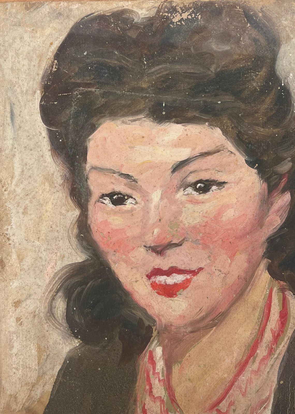 Suzanne Dinkesmid Century French Impressionist Signed Oil Portrait Woman In Red Necklace1950's photo Art