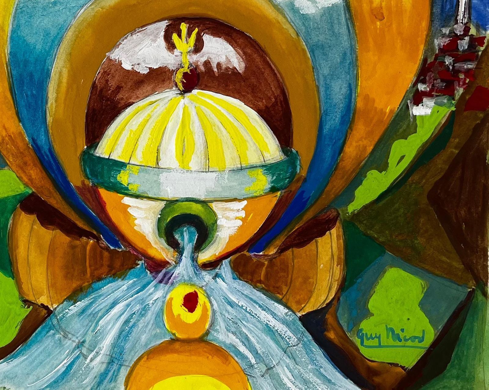 Guy Nicodsurreal Abstract Landscape With Golden Sun And Blue Figure French Gouache photo for sale