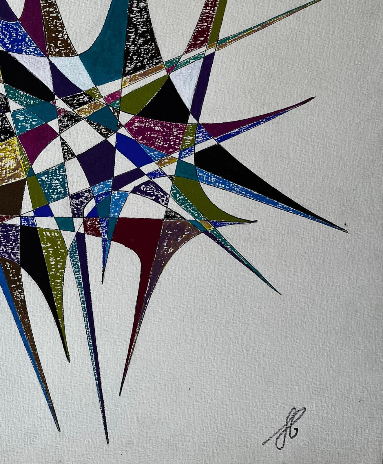Serge Guerin (1916)mid Century French Geometric Abstract Starburst In Blue Green And Purple photo for sale