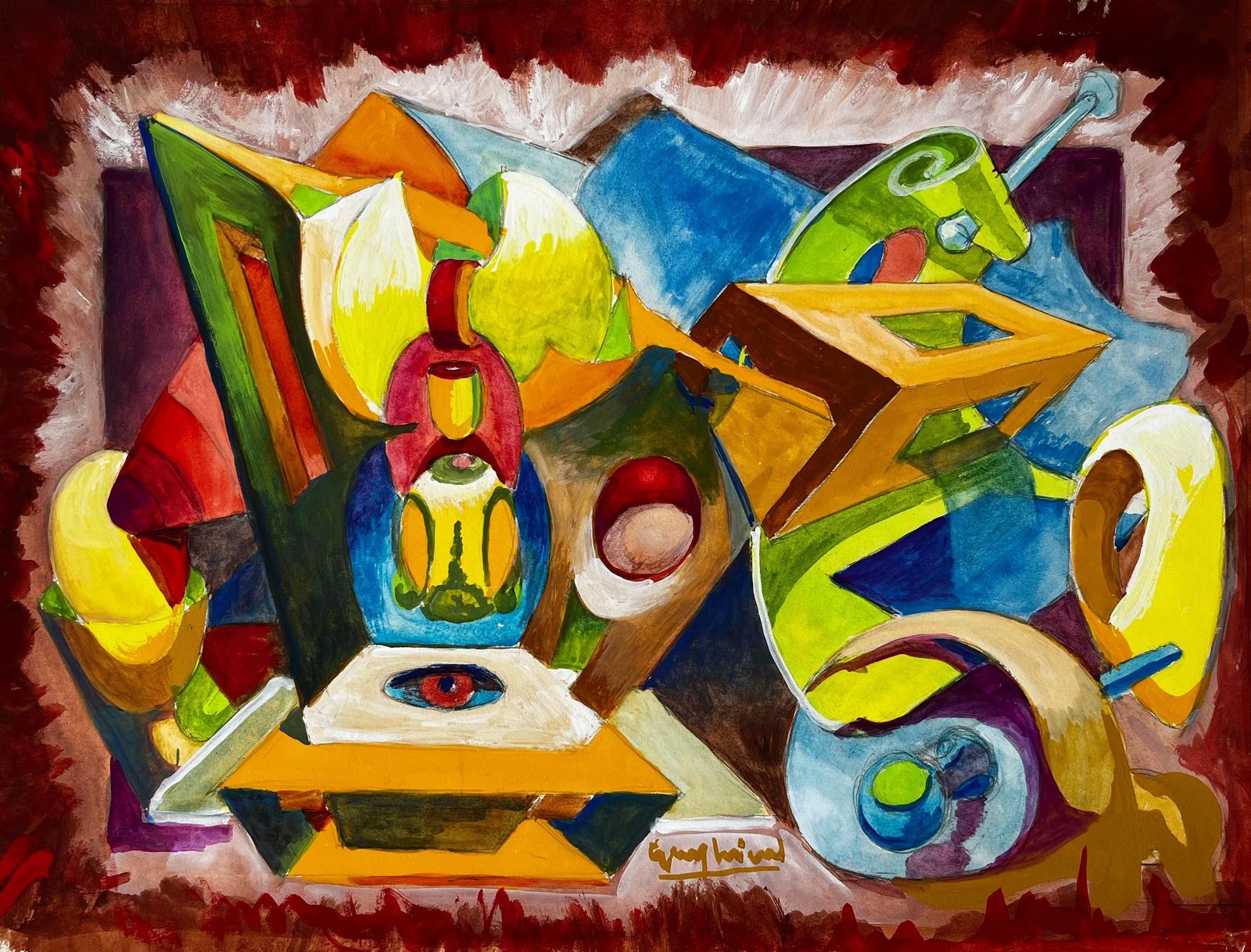 Guy Nicodabstract Cubist Still Life With Blue Vase And Yellow Forms French Gouache