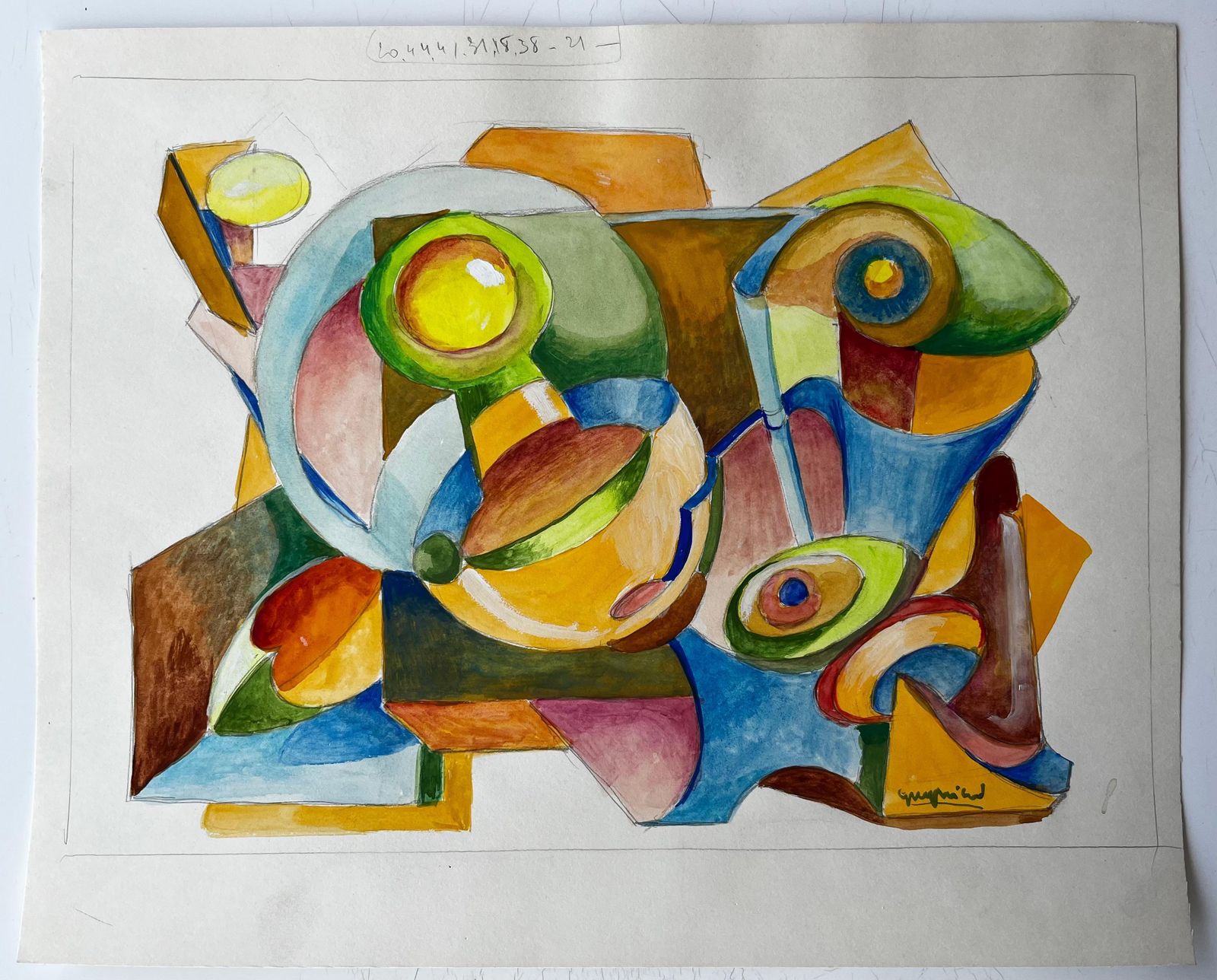 Guy Nicodabstract Cubist Still Life With Geometric Forms French Gouache photo furniture