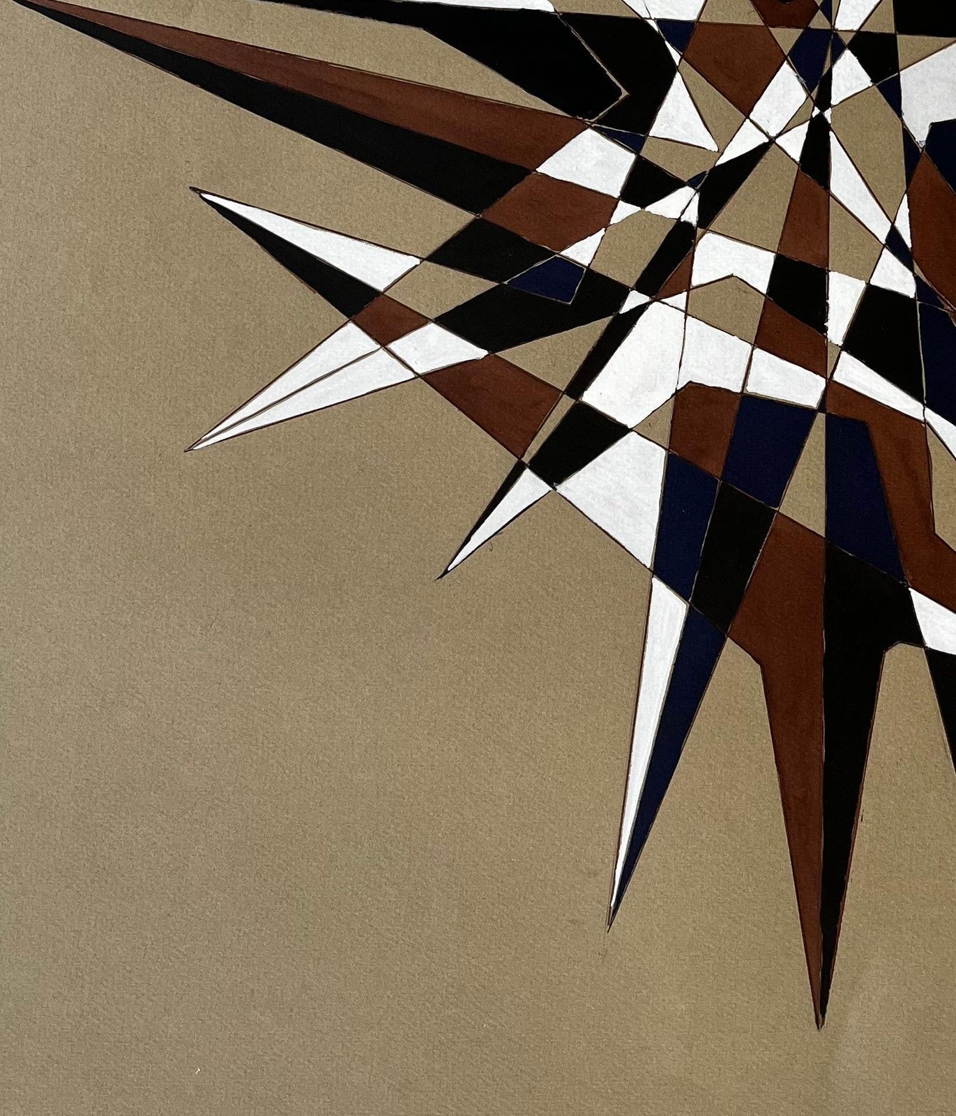 Serge Guerin (1916)mid Century French Geometric Abstract Starburst In Brown Blue And White photo vinterior
