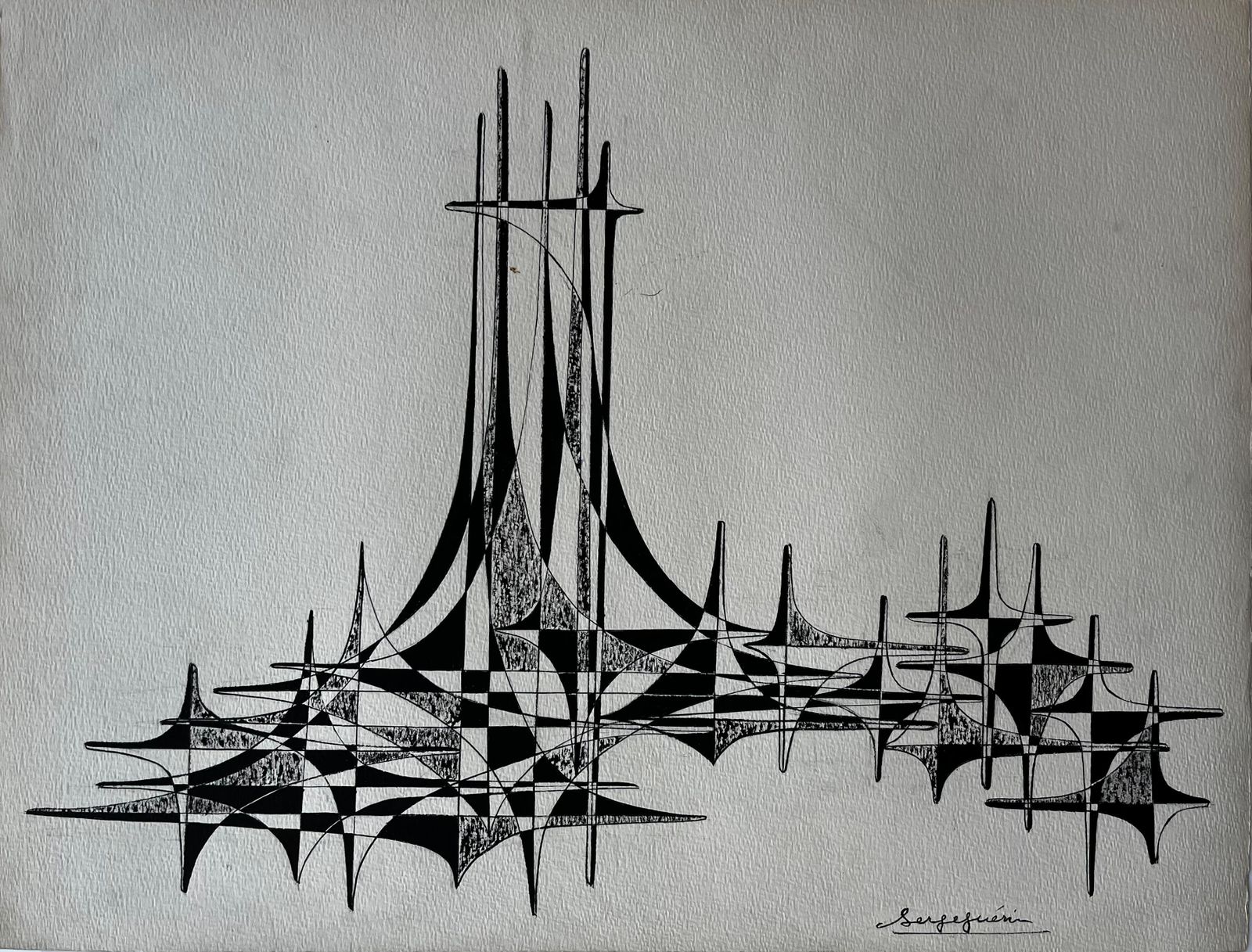 Serge Guerin (1916)mid Century French Architectural Abstract Ink Drawing Signed Serge Guerin