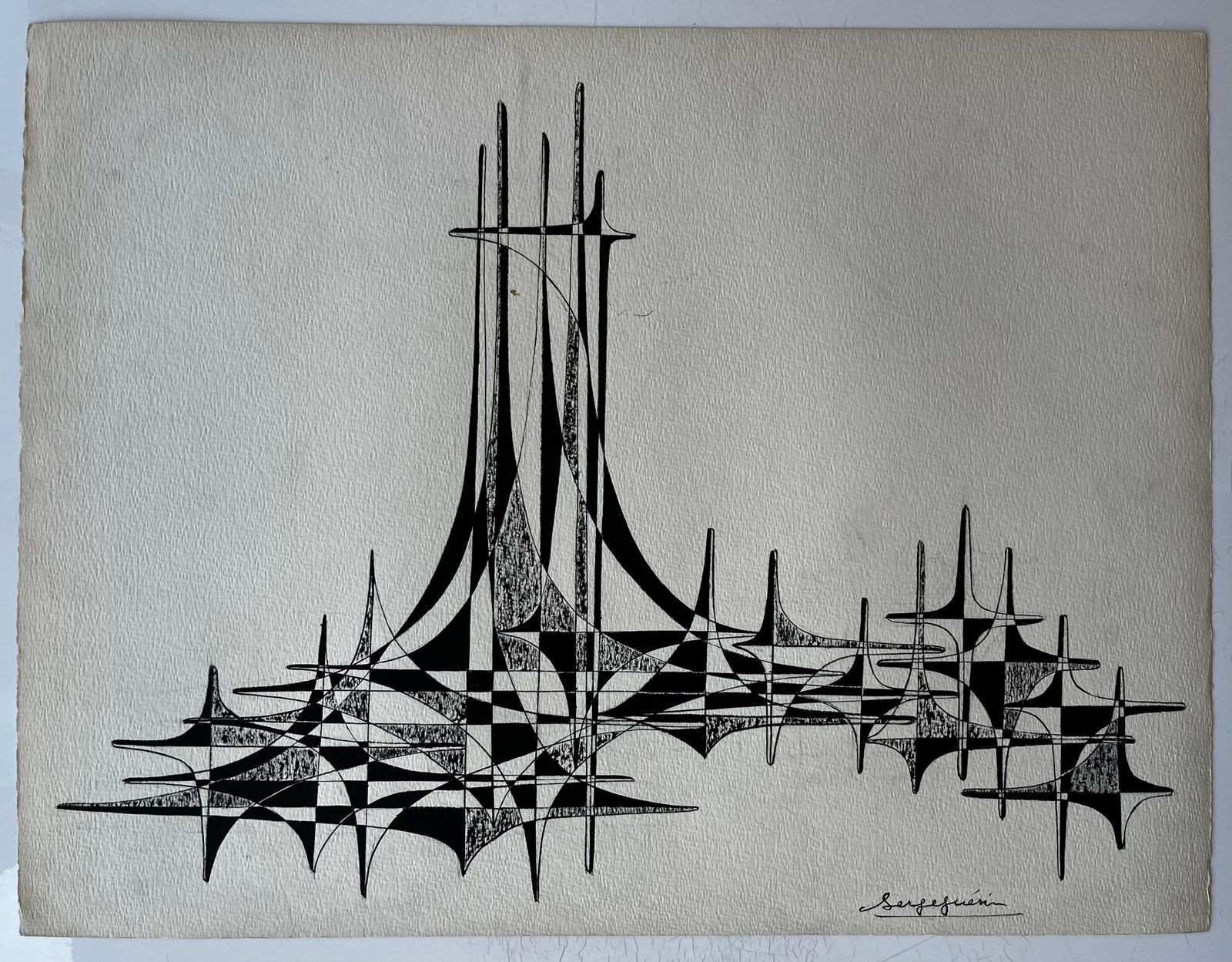 Serge Guerin (1916)mid Century French Architectural Abstract Ink Drawing Signed Serge Guerin photo furniture