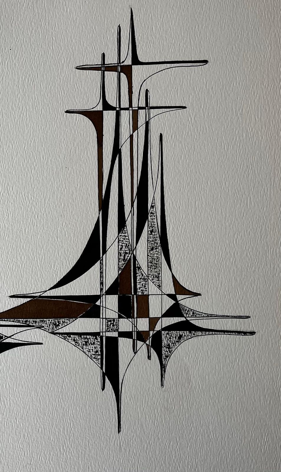 Serge Guerin (1916)mid Century French Geometric Abstract Black And Brown Ink Drawing On Paper photo for sale