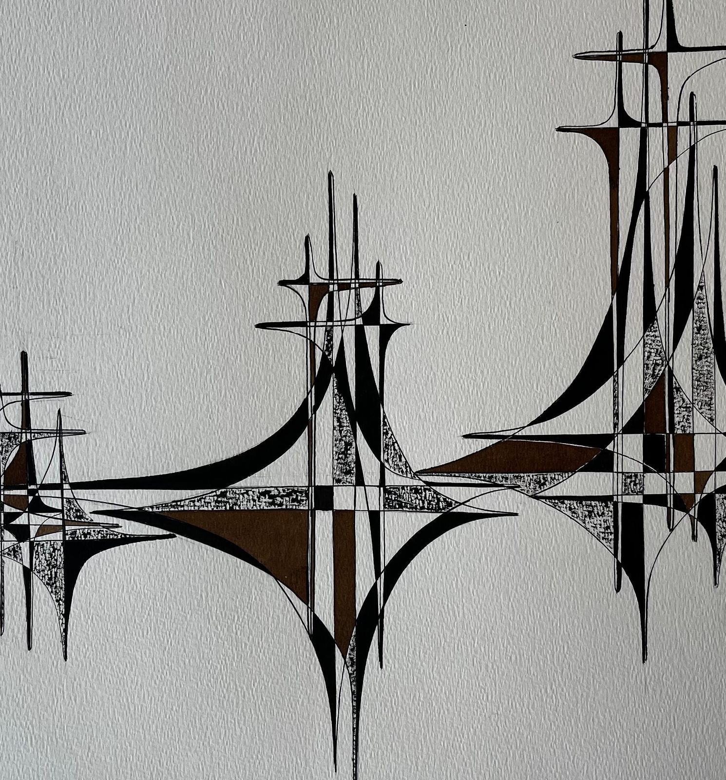 Serge Guerin (1916)mid Century French Geometric Abstract Black And Brown Ink Drawing On Paper photo vinterior