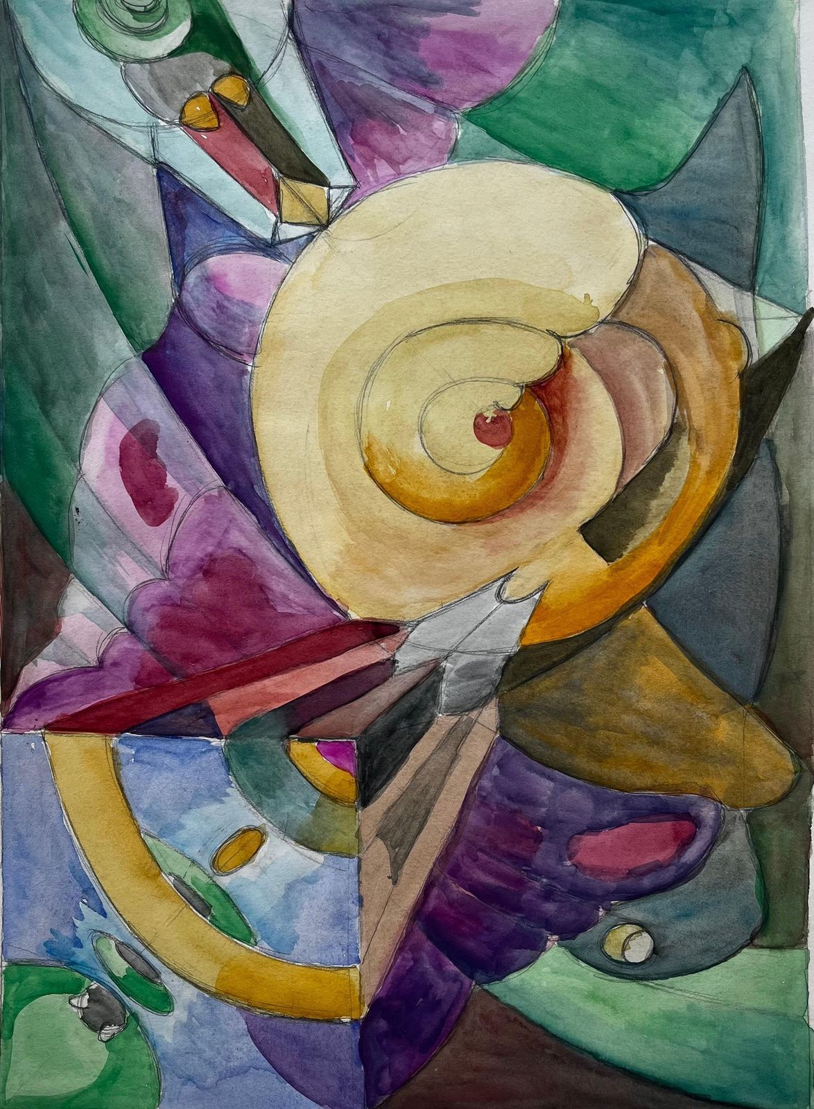 Abstract Spiral Composition French Modernist Watercolour By Guy Nicod