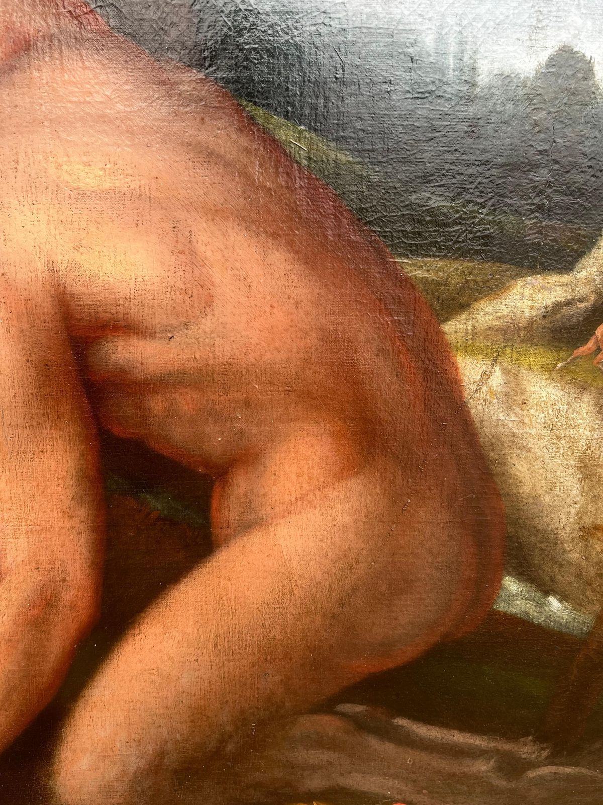 Art Florentine Schoolhuge 1700's Florentine Old Master Oil Painting Eros Triumph Over Pan Male Nudesc. 1700's photo