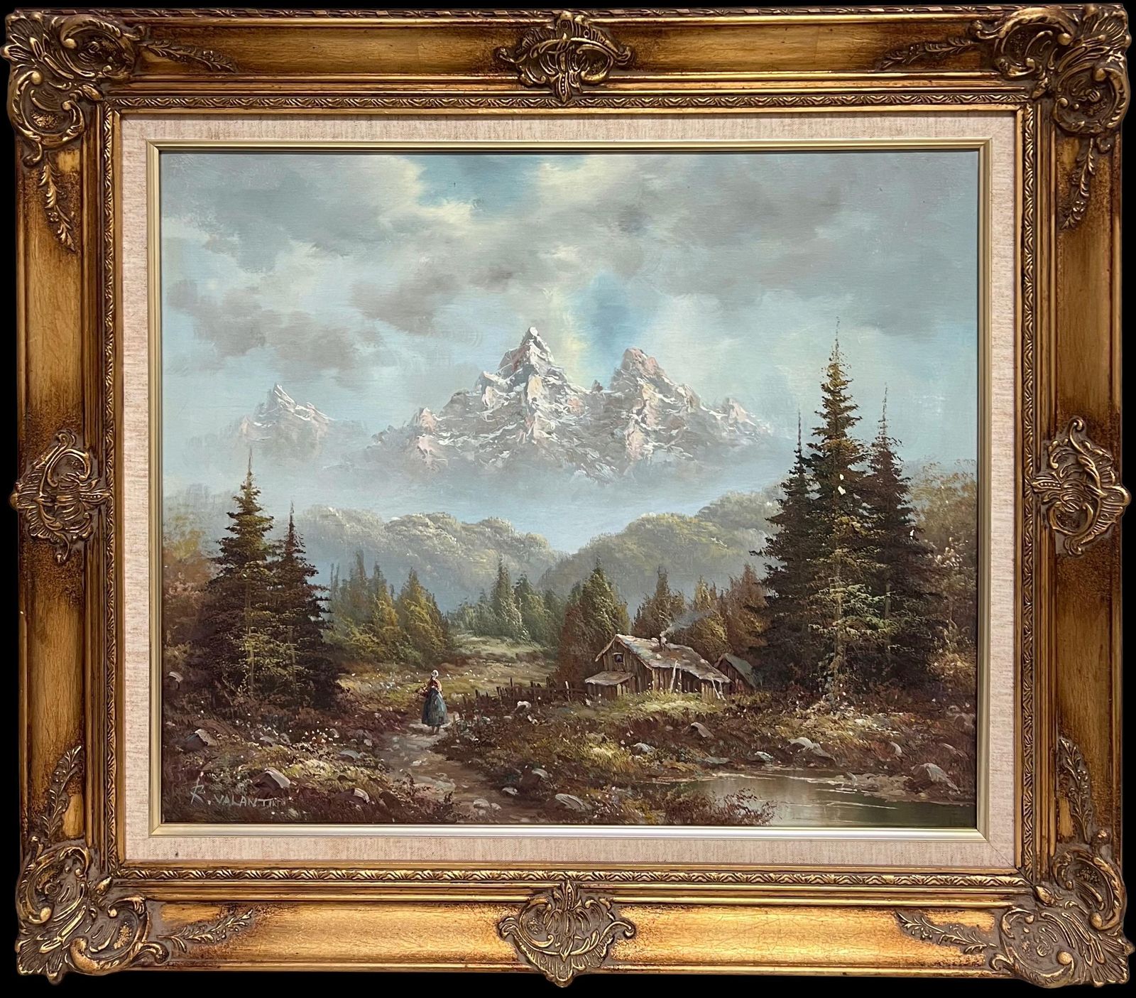 Italian Artistlarge Italian Alpine Mountain Scene Snow Capped Mountains Signed Oil Painting