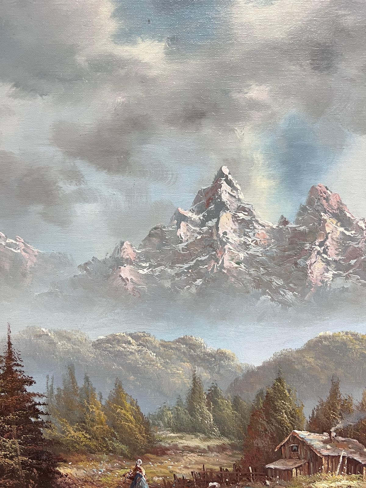 Art Italian Artistlarge Italian Alpine Mountain Scene Snow Capped Mountains Signed Oil Painting photo