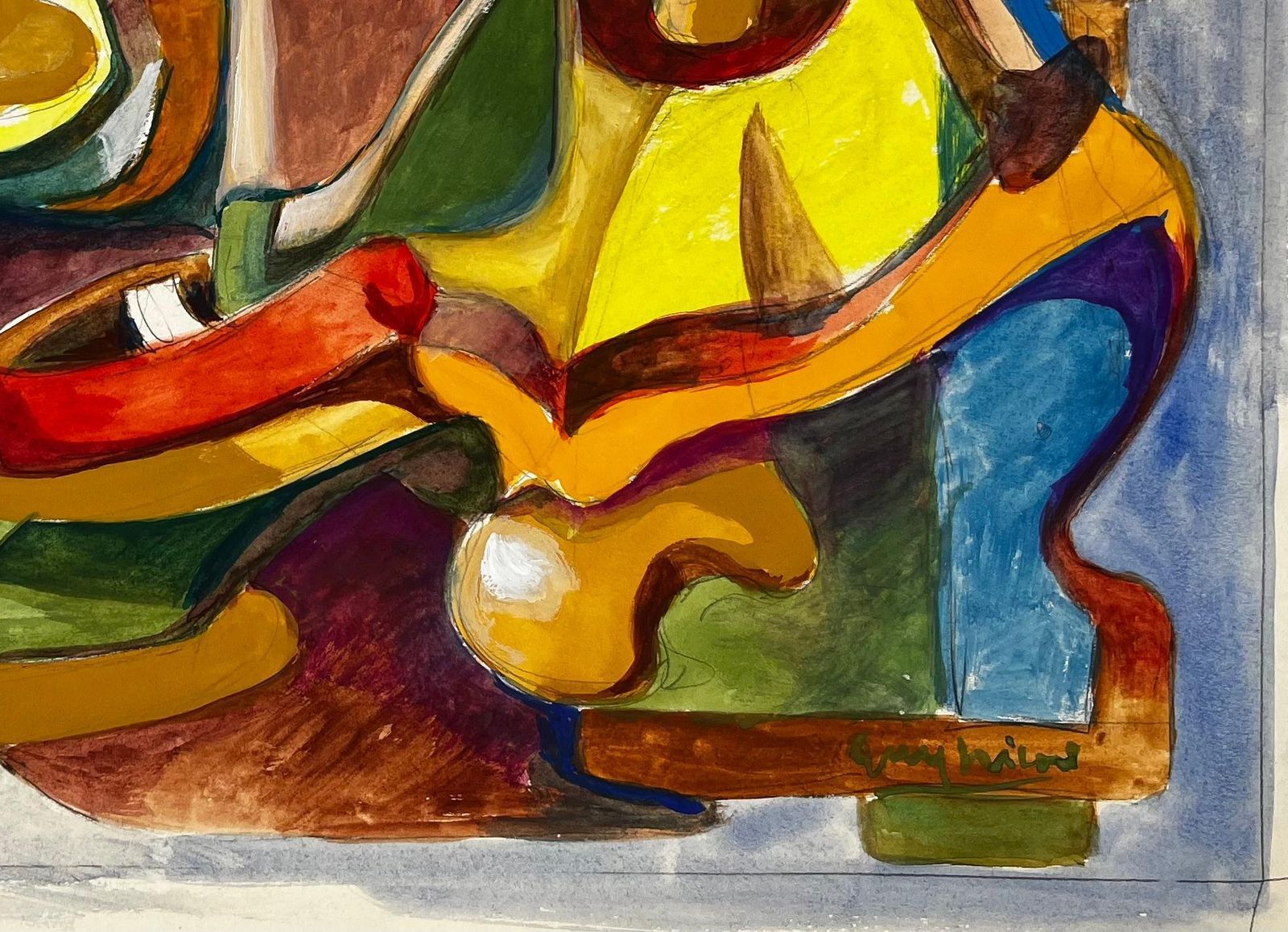 Abstract Composition In Yellow And Blue French Modernist Gouache By Guy Nicod photo vinterior