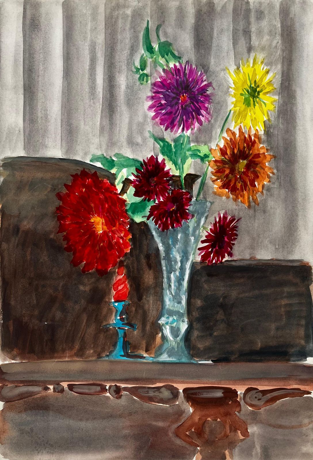 Guy Nicodstill Life With Dahlias In A Glass Vase French Modernist Watercolour Gouache
