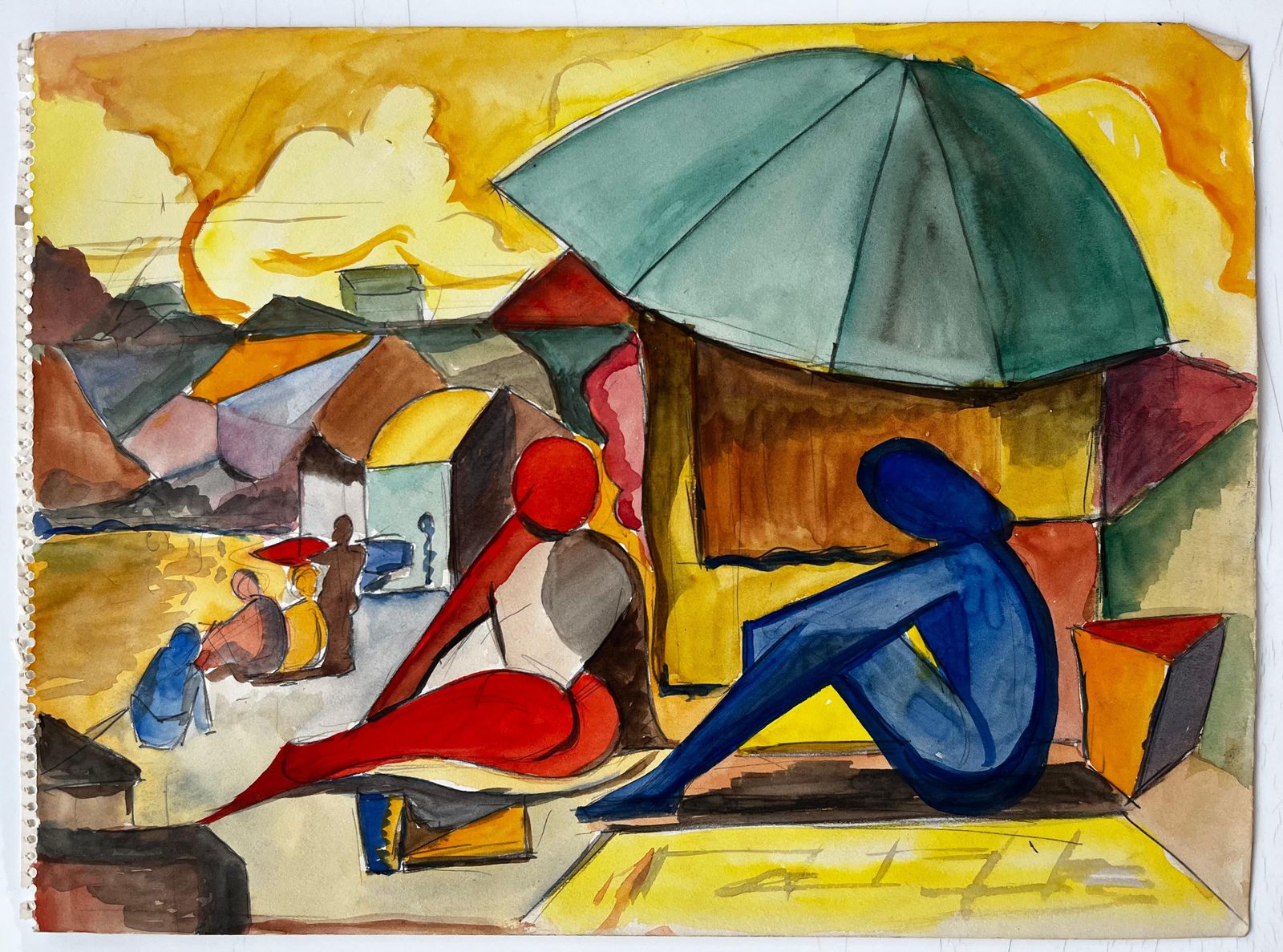 Guy Nicodfigures Under A Parasol French Modernist Market Scene Watercolour Gouache photo furniture