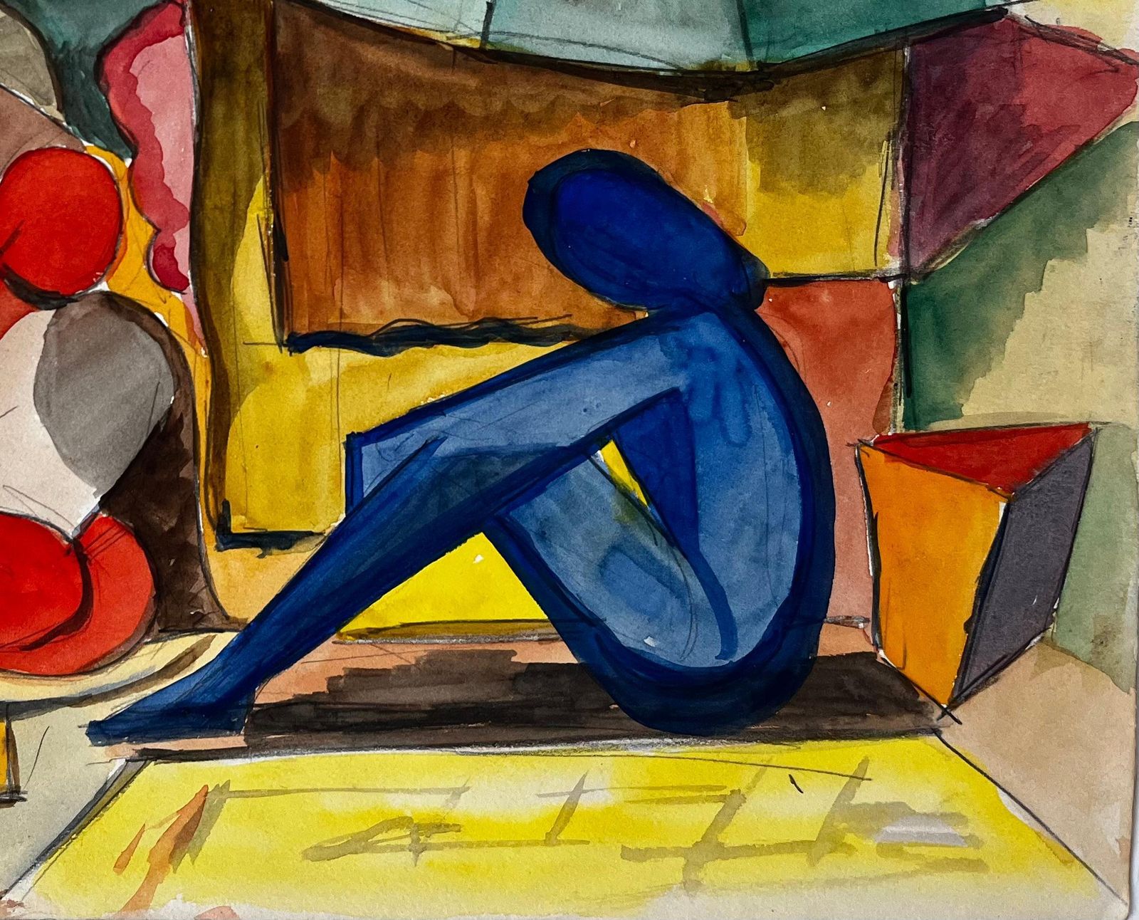 Guy Nicodfigures Under A Parasol French Modernist Market Scene Watercolour Gouache photo for sale