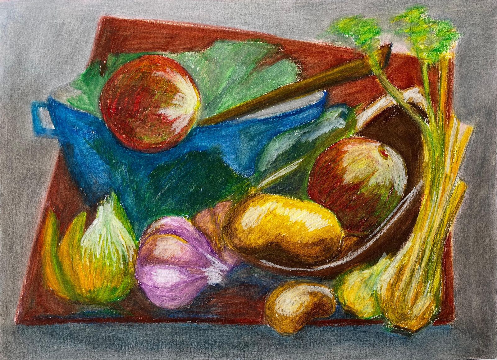 Still Life With Vegetables French Modernist Oil Pastel Drawing By Guy Nicod