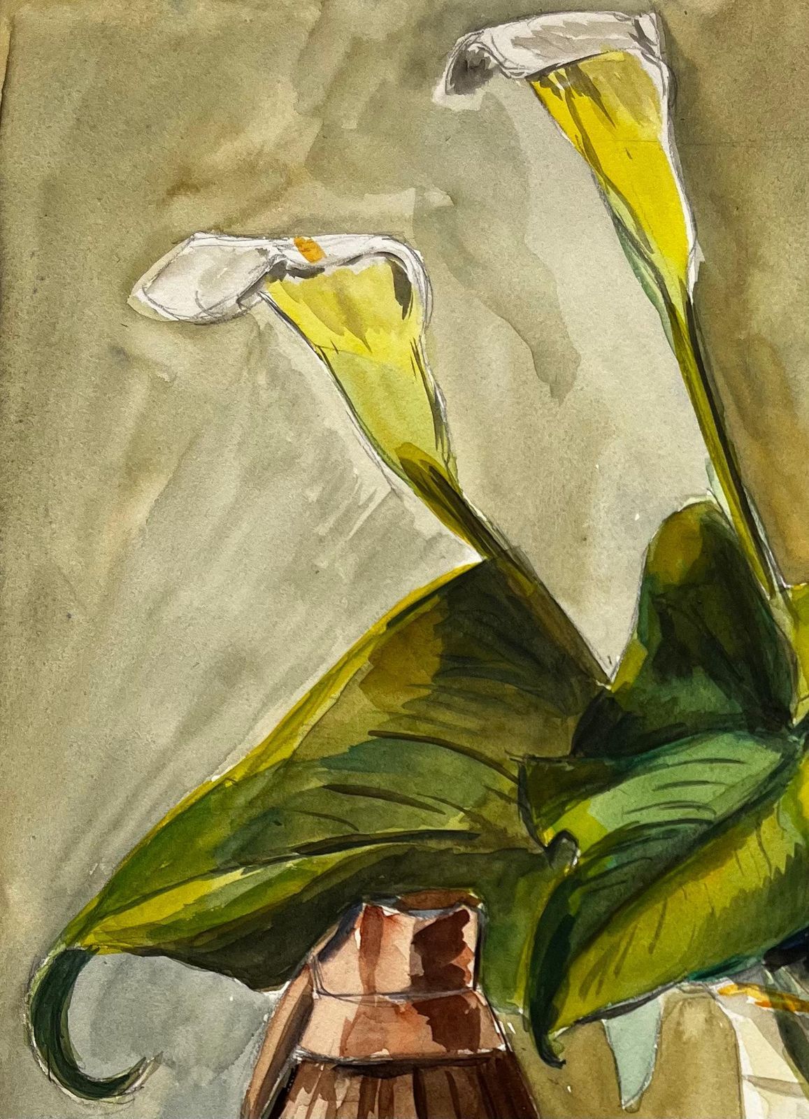 Guy Nicodstill Life With Calla Lilies And Ceramic Vase French Modernist Gouache photo Art