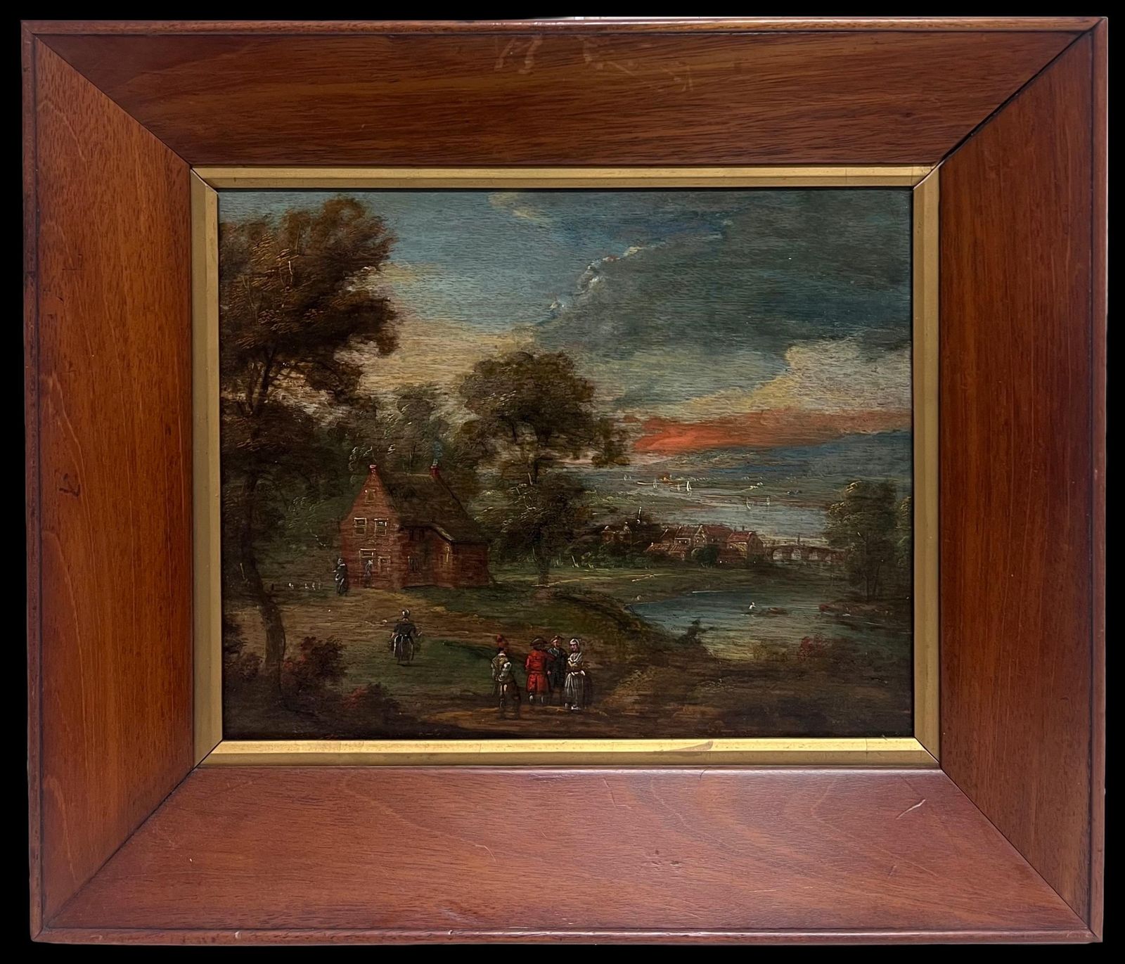 Dutch 17th Century17th Century Dutch Oil Painting Figures Outside Building In Ancient Landscape