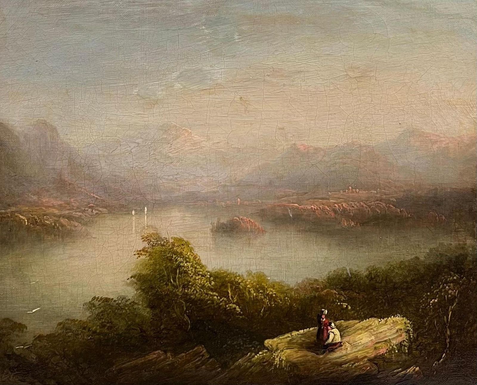 Early Victorian Scottish Highlands Loch Landscape Figures Admiring View 19th Oil photo buy