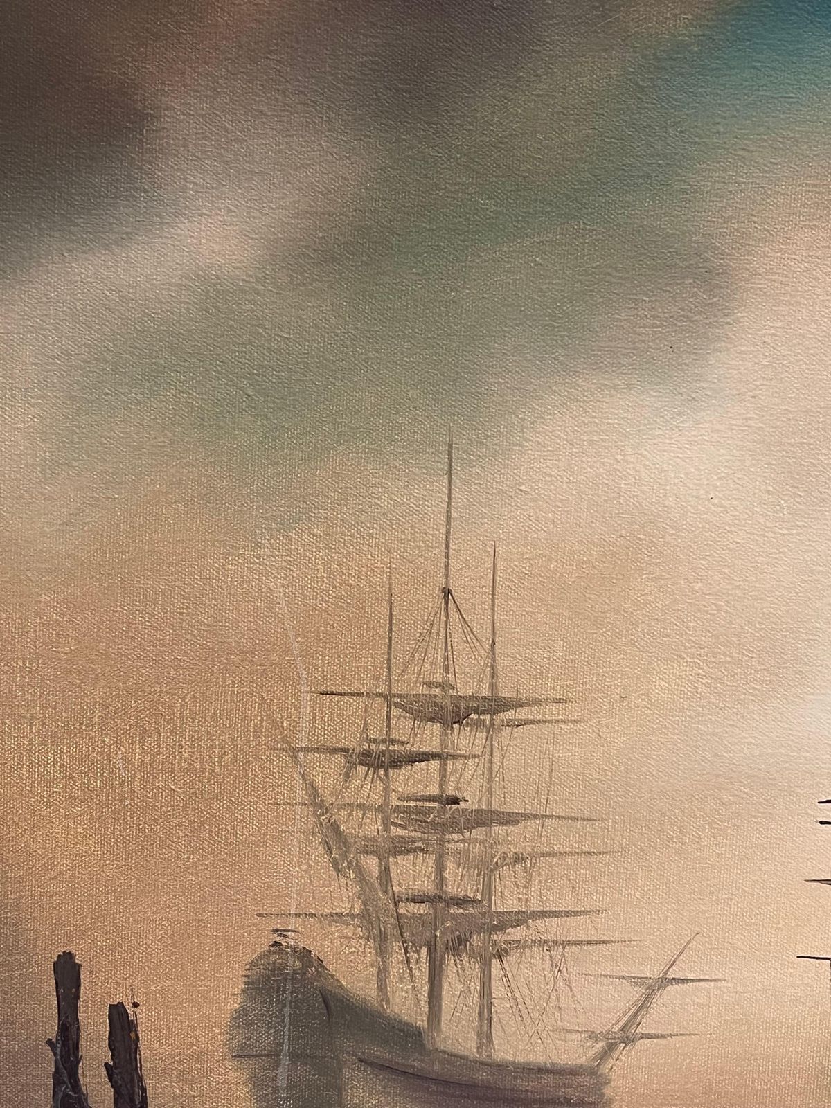 Hiltontraditional English Maritime Oil Painting Misty Harbour Tall Ships Anchored Dusk photo for sale