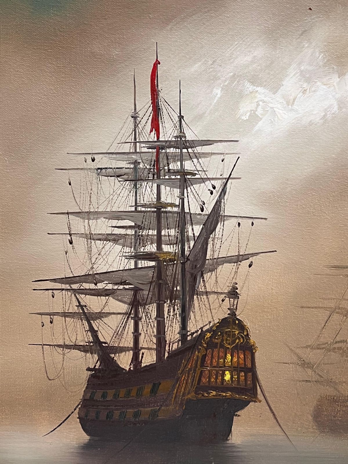 Hiltontraditional English Maritime Oil Painting Misty Harbour Tall Ships Anchored Dusk photo Art