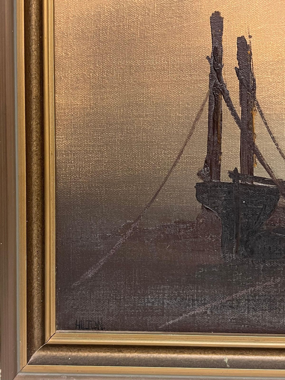 photo furniture Hiltontraditional English Maritime Oil Painting Misty Harbour Tall Ships Anchored Dusk
