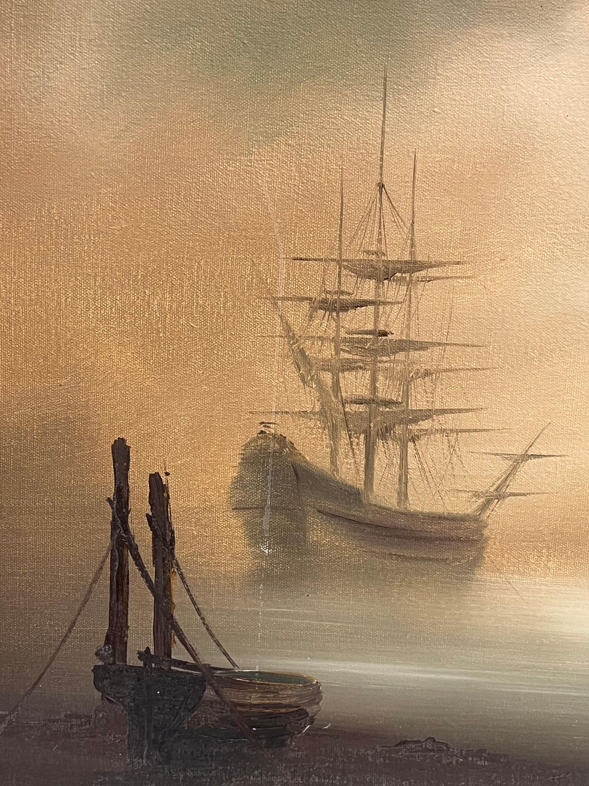 1323.0 Hiltontraditional English Maritime Oil Painting Misty Harbour Tall Ships Anchored Dusk photo