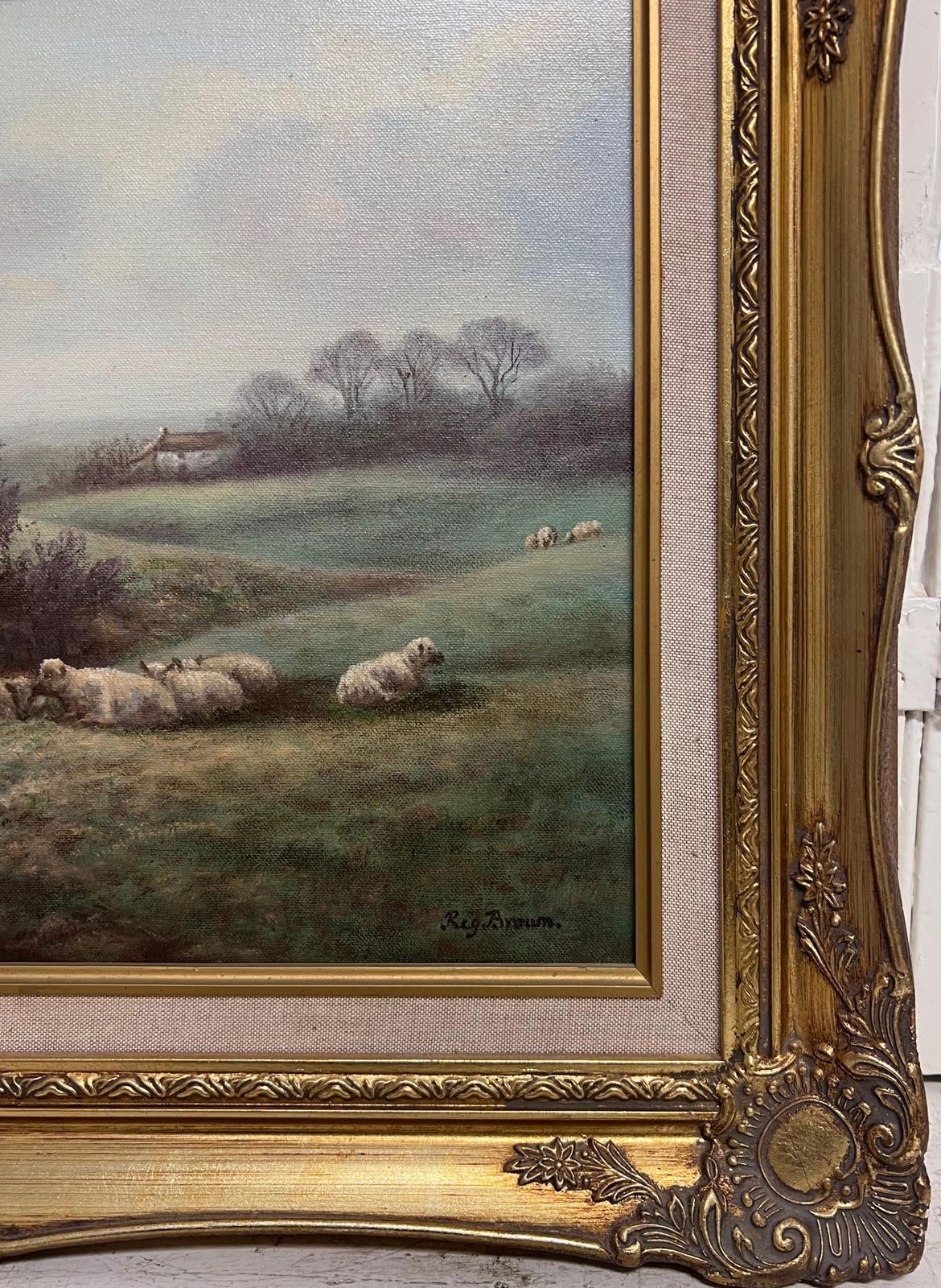 Reg Browntraditional English Rural Pastoral Tranquil Sheep In Meadows Signed Oil Painting photo vintage