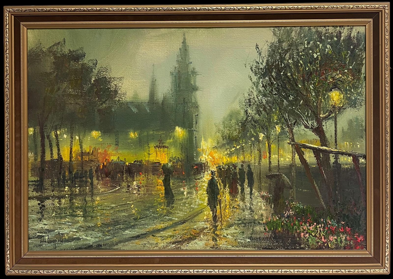 John Bampfieldfine Large British Impressionist Signed Oil Painting Twilight City Street Scene