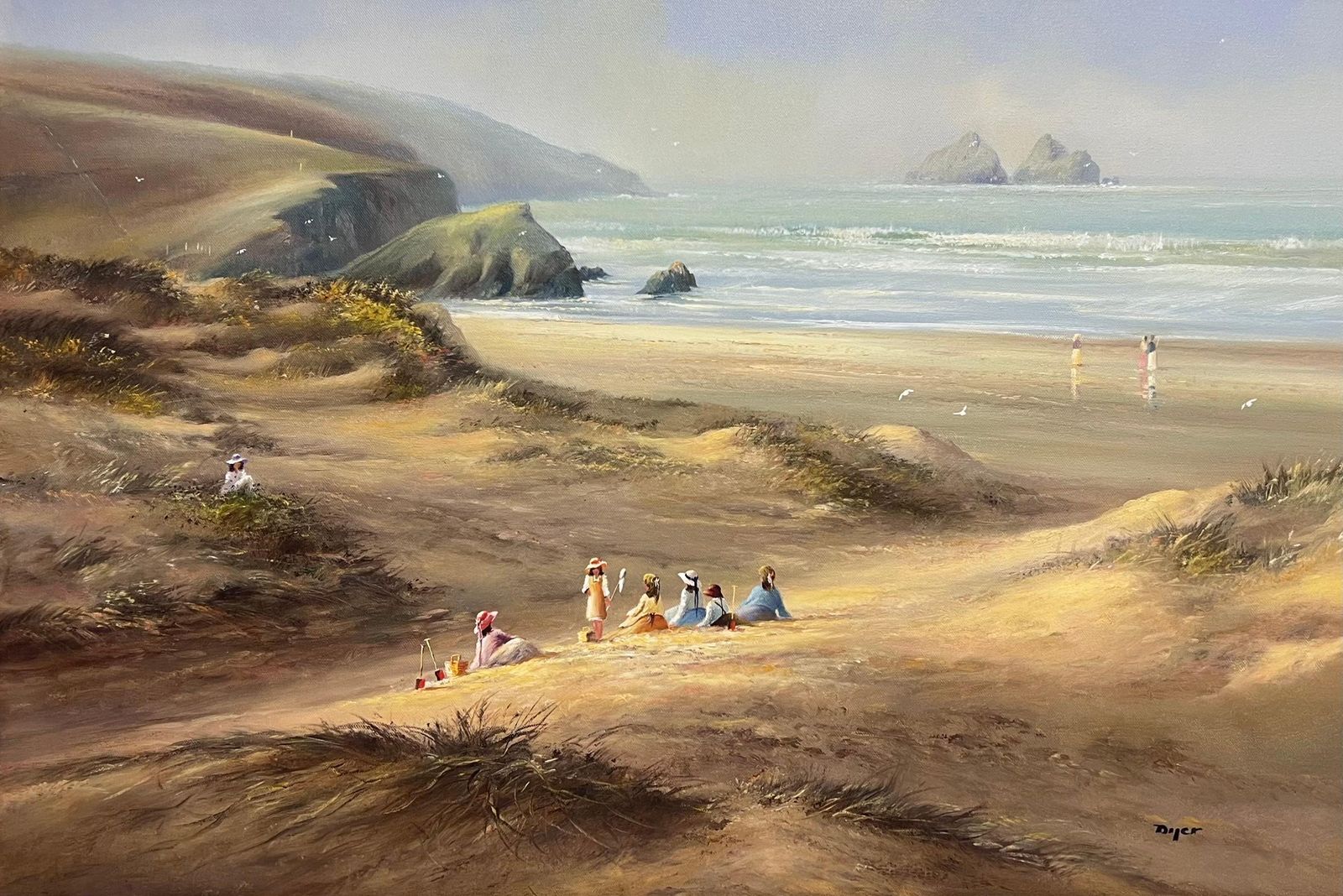 Edward Dyerlarge 20th Century British Traditional Oil Painting Children On Cornish Beach photo furniture