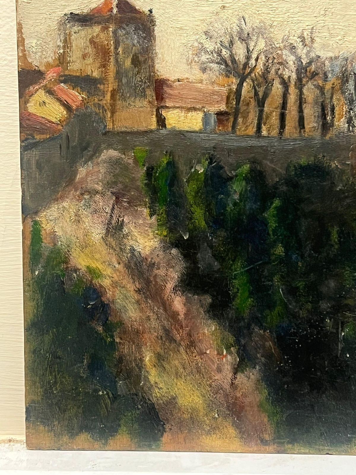 Jean Dreyfus Stern (1890 1972)quiet Village Shadows Moody Landscape Trees Building 1930's French Oil Paintingmid 20th Century photo for sale