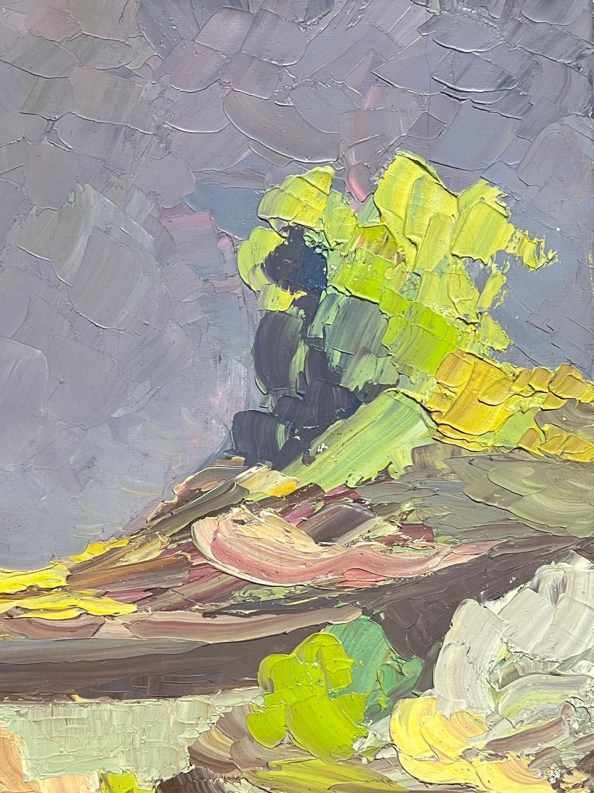French Schoolabstract Landscape With A Purple Stormy Sky Textured 1970's Oil Painting1970's photo for sale