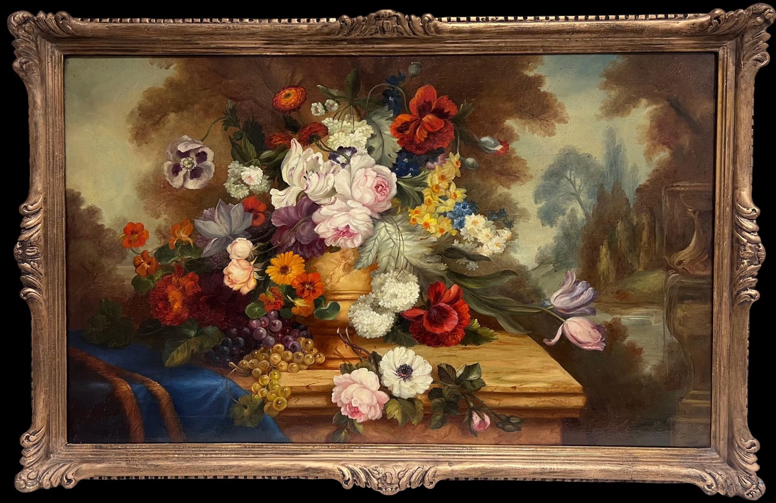 Huge Antique Classical French Still Life Floral Display Oil Painting Framed