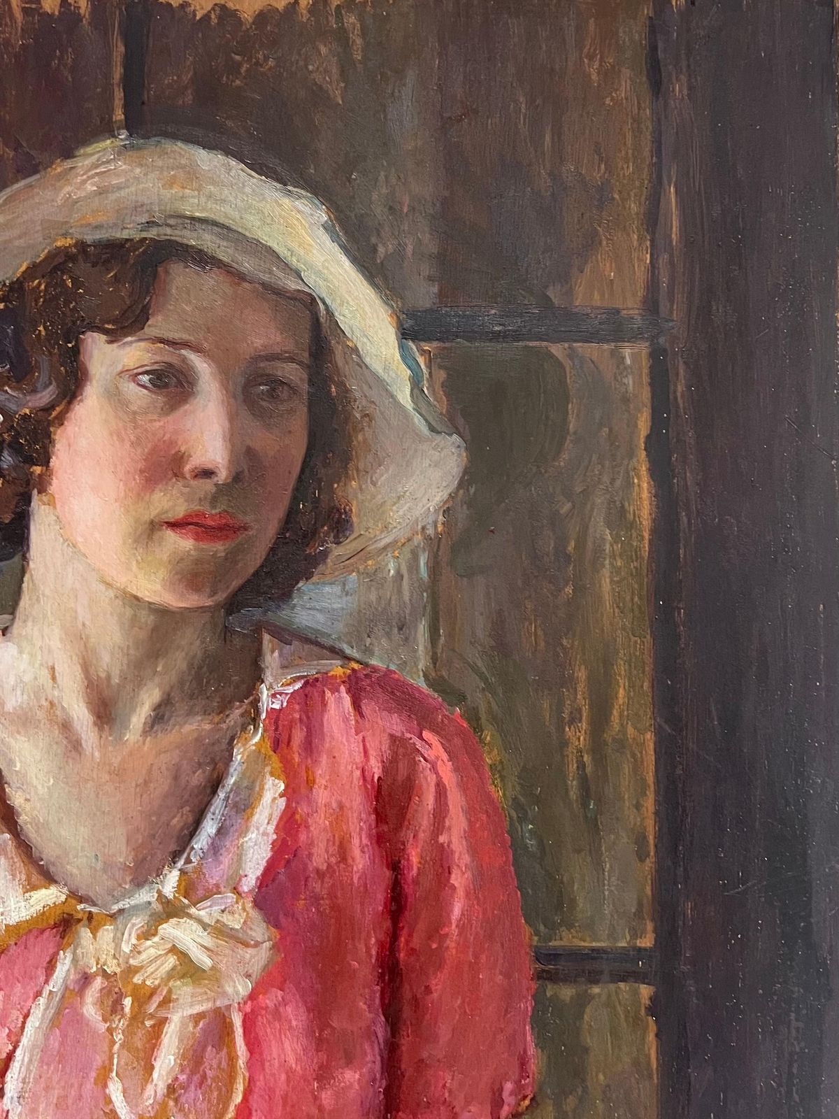 1930's British Very Large 1930's English Oil Painting Wood Panel Portrait Of Country Lady Pink1930's photo Art