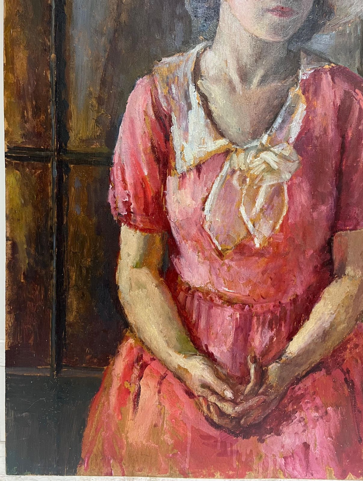 1930's British Very Large 1930's English Oil Painting Wood Panel Portrait Of Country Lady Pink1930's photo buy