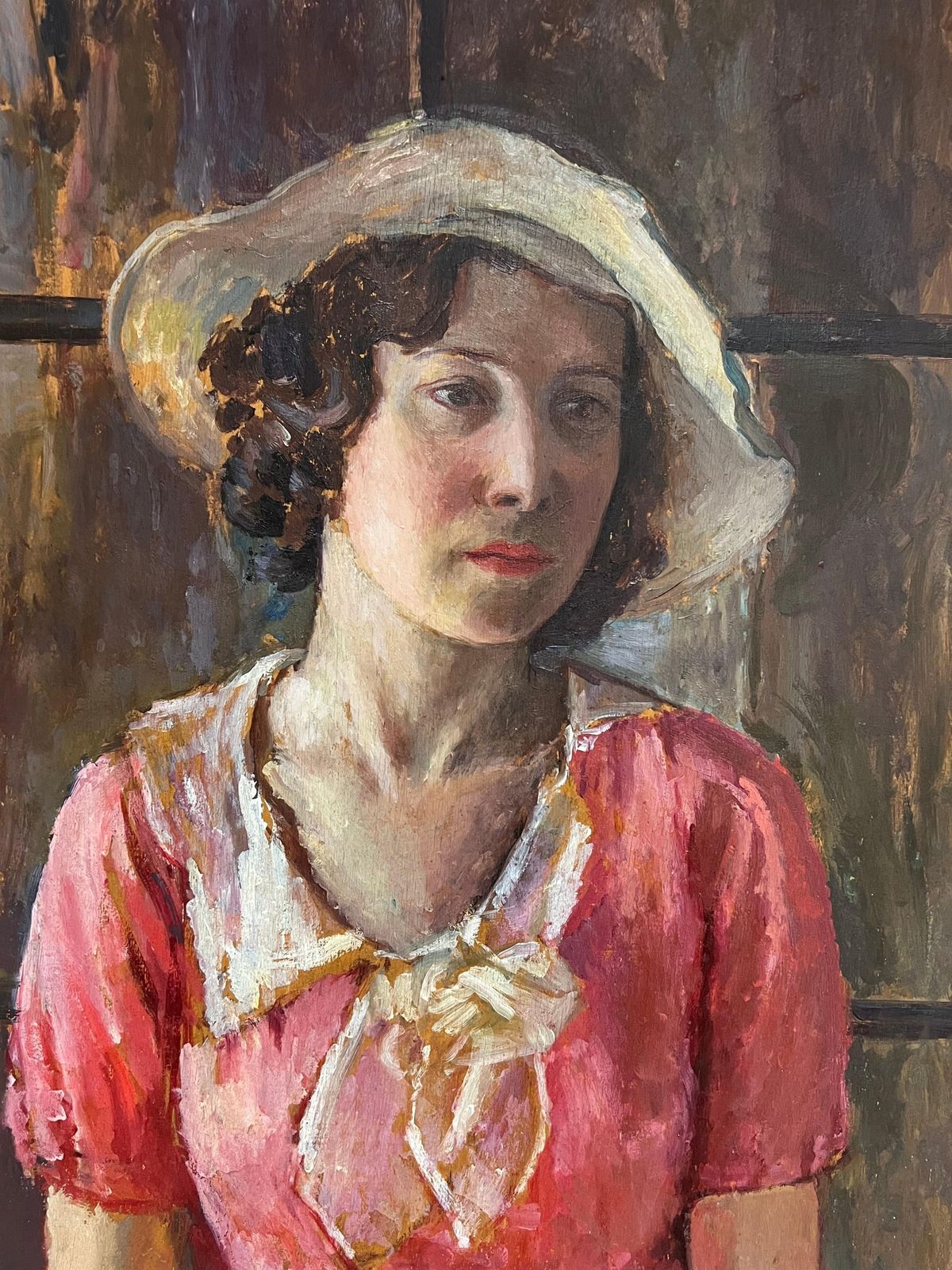 photo for sale 1930's British Very Large 1930's English Oil Painting Wood Panel Portrait Of Country Lady Pink1930's