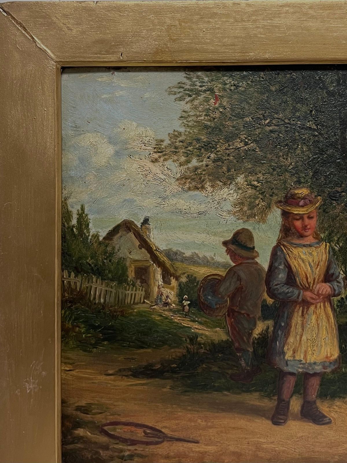 Charles Frederick Lowcocksigned Victorian British Oil Painting Children Playing Rural Village Cottage photo for sale