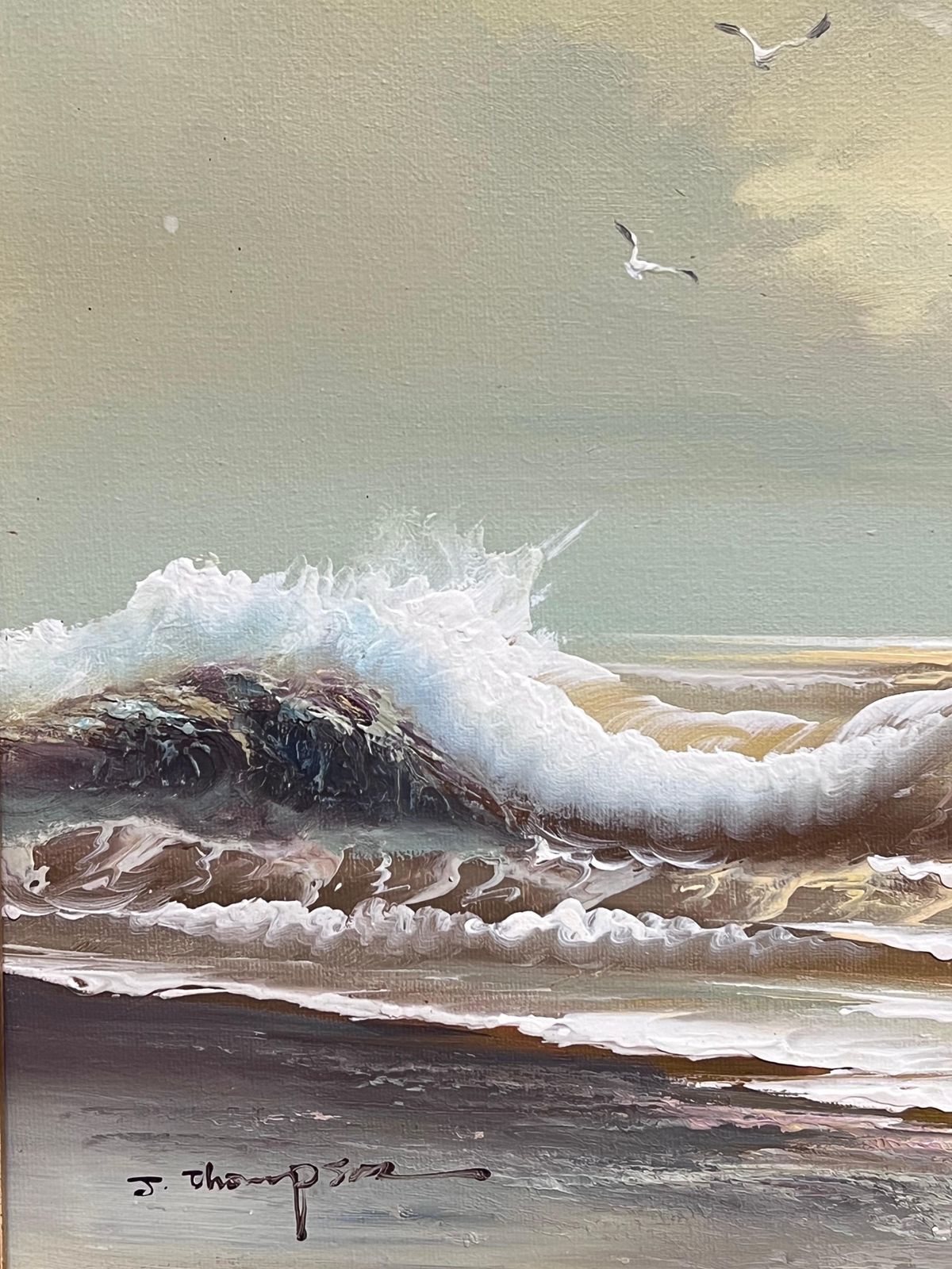 English Impressionistenglish Impressionist Signed Oil Painting Seagull Flying Rolling Sunset Waves photo Art