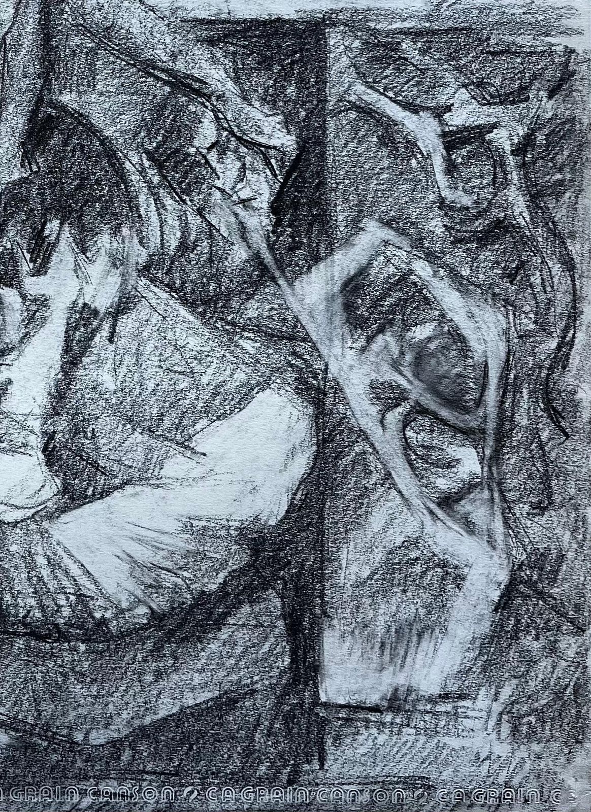 Guy Nicodmodernist Figurative Study With Seated Figures French Charcoal Drawing photo 495.0