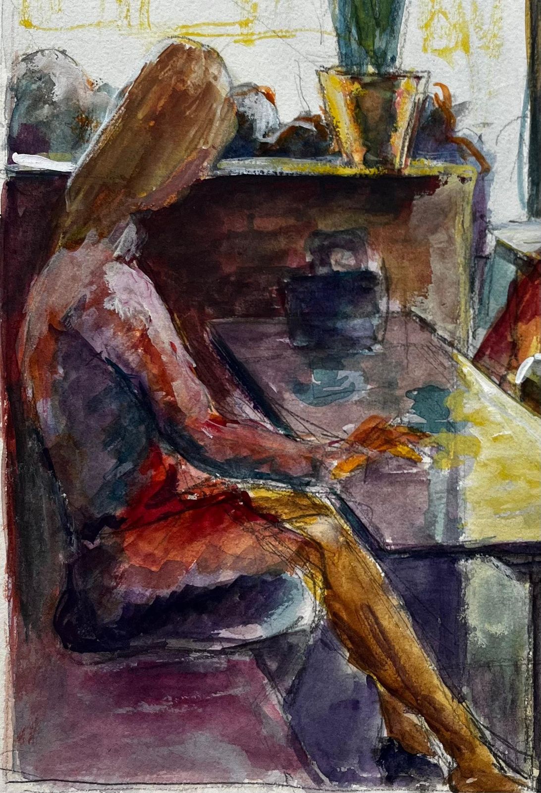 Guy Nicodcafé Interior With Seated Figures French Modernist Gouache By Guy Nicod photo for sale