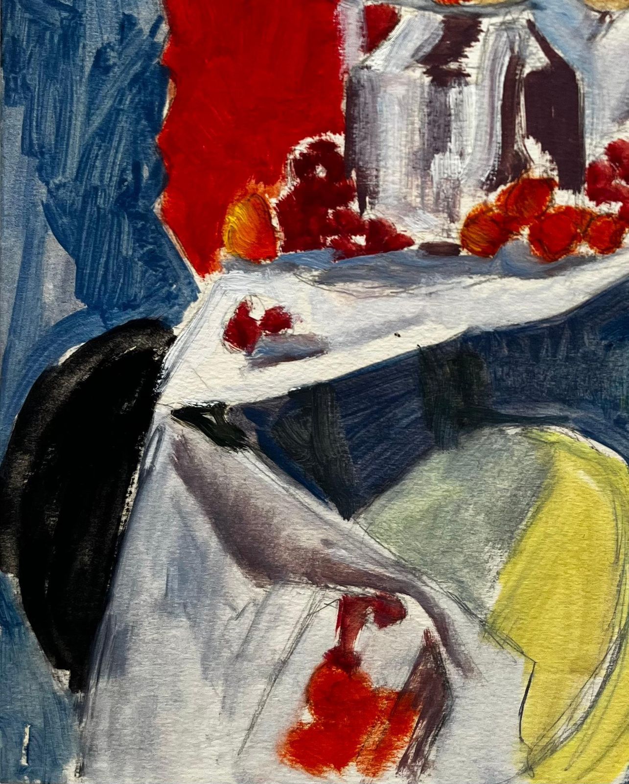 Guy Nicodmodernist Still Life With Wine Bottle Cake And Raspberries French Gouache photo for sale